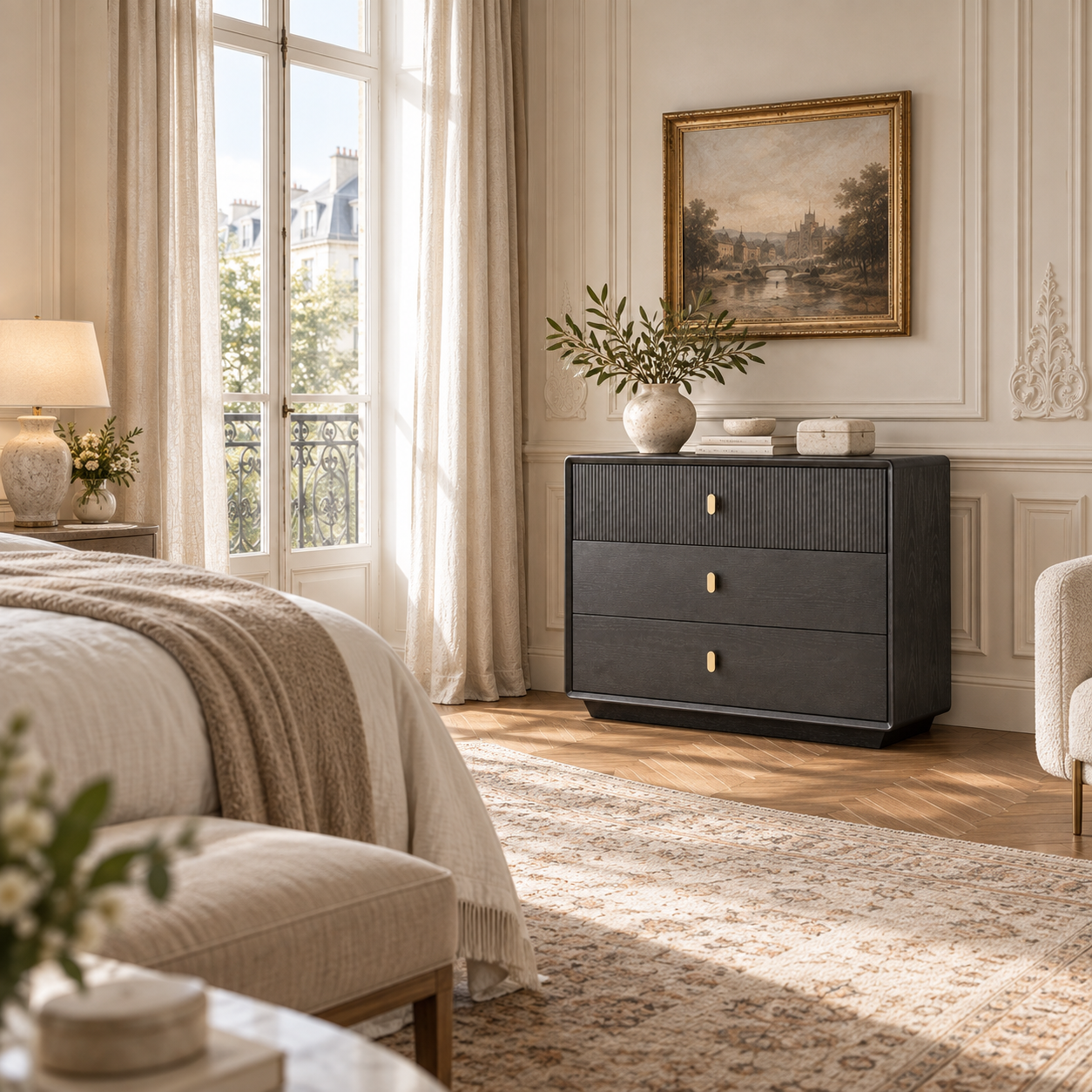 Oréliane brown grey 3 drawer chest with gold handles in an elegant bedroom with window, bed, rug and framed art.