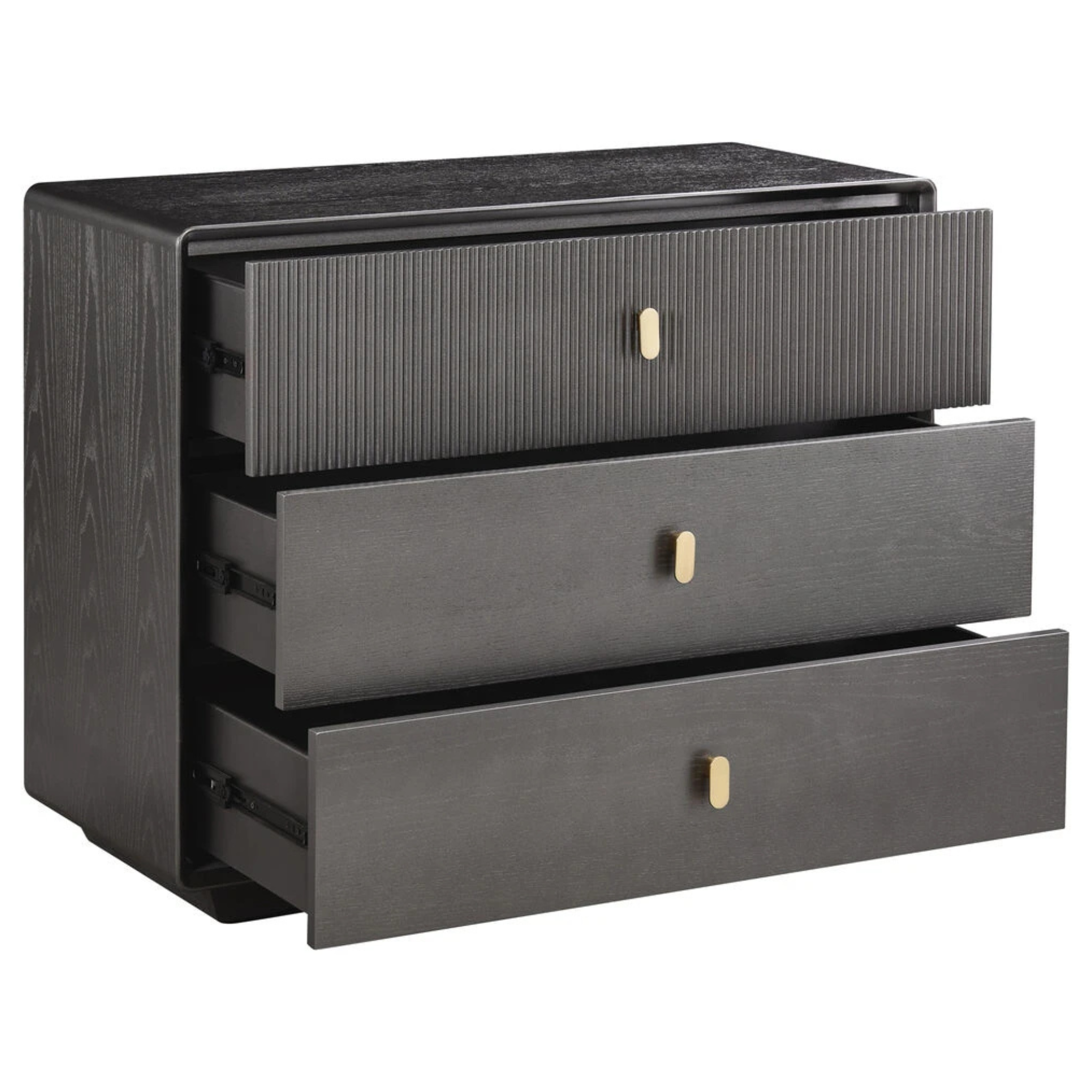 Oréliane brown grey 3 drawer chest with drawers open, showing storage and gold handles on a white background.