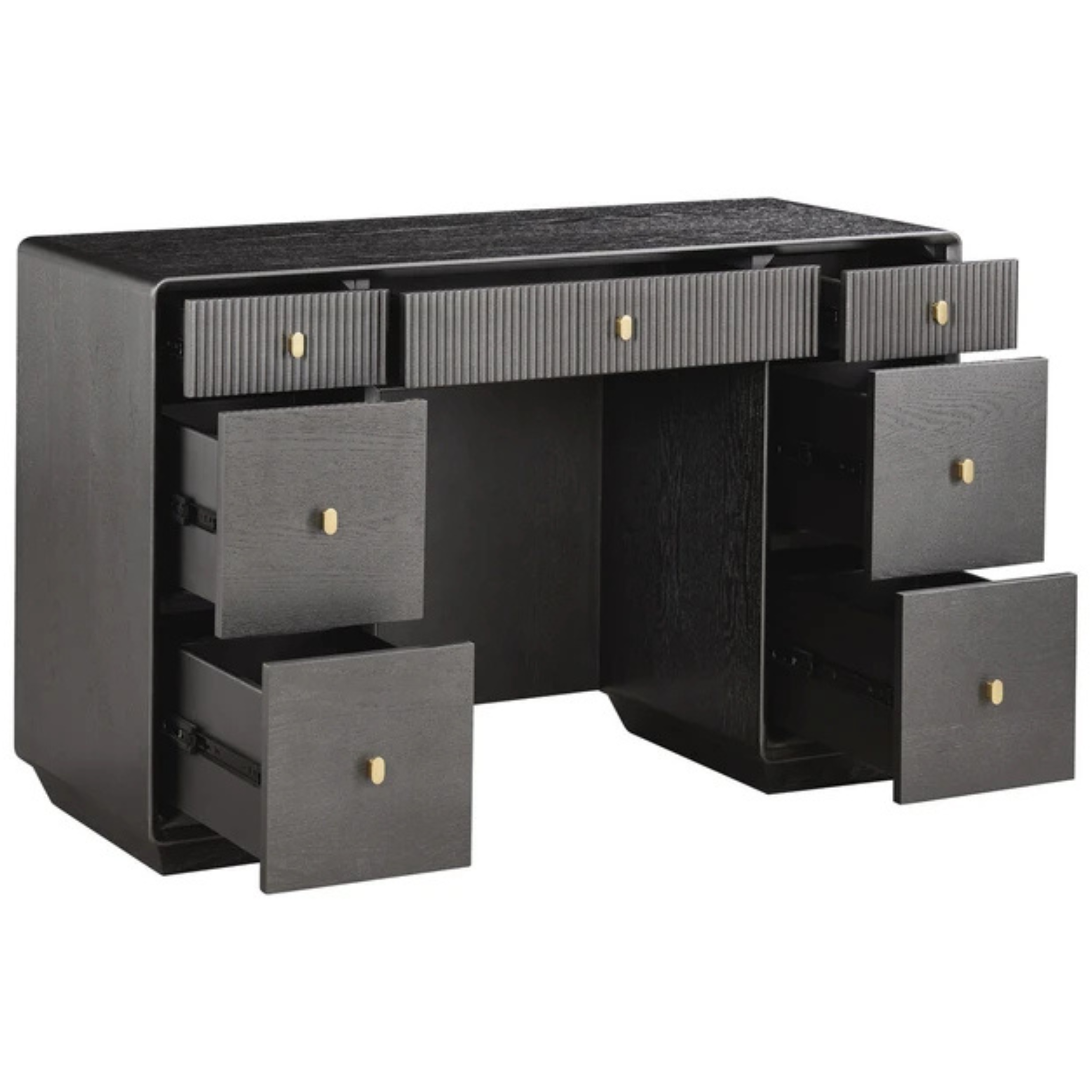 Oréliane brown grey 7 drawer dressing table angled with drawers open and gold handles on a plain white background.