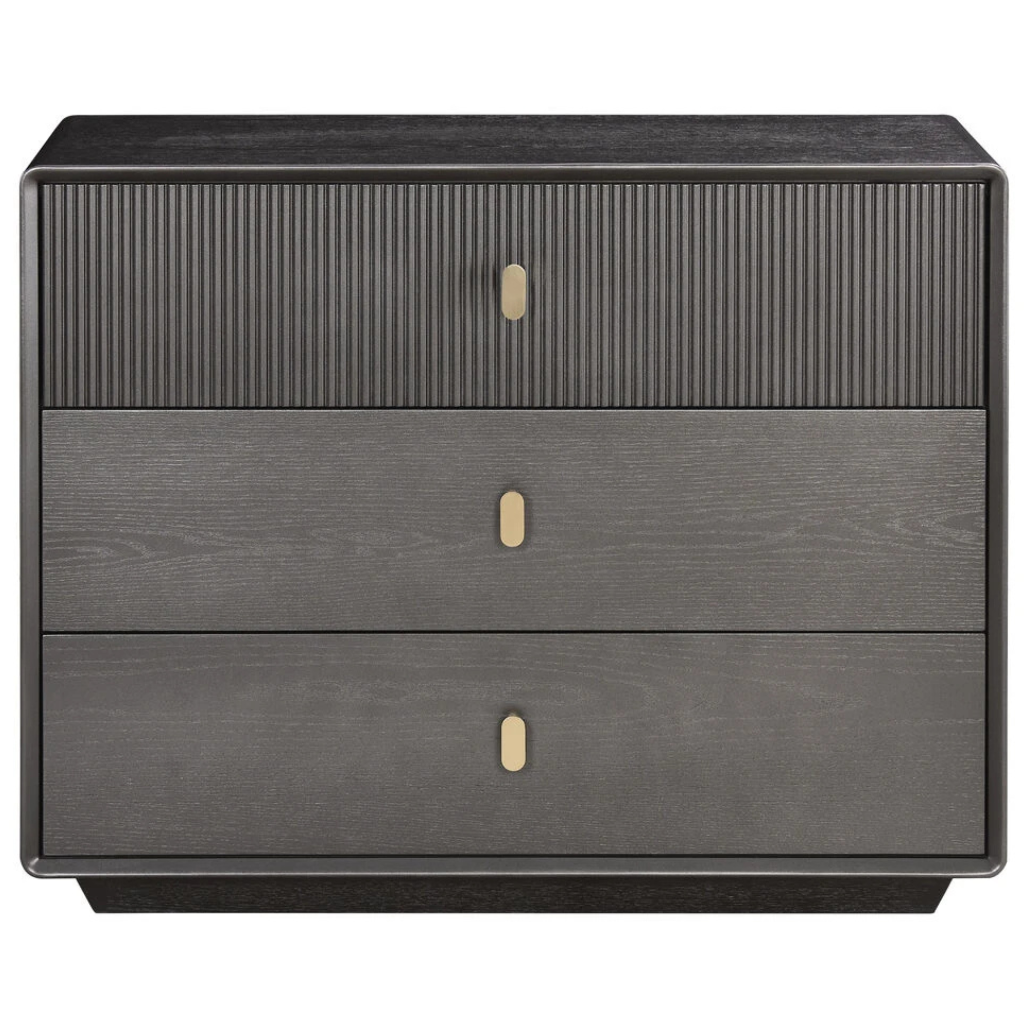 Oréliane brown grey fluted 3 drawer chest, front view with gold handles on a clean white background.