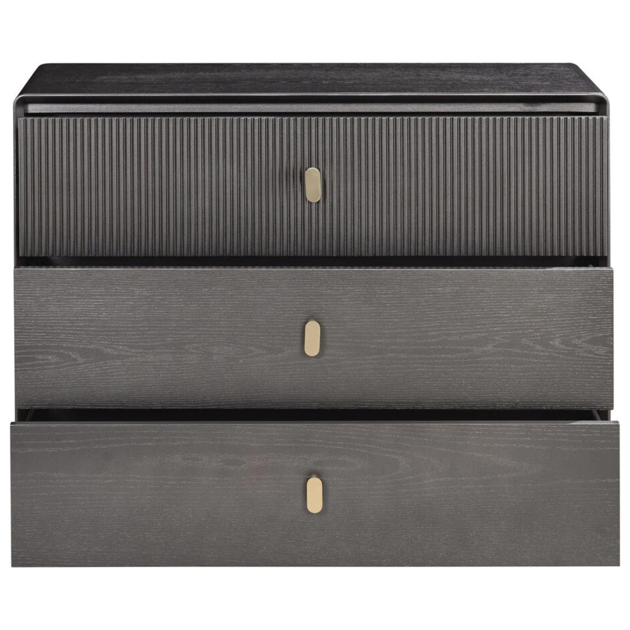 Oréliane brown grey fluted 3 drawer chest with drawers partly open, front view on a white background.