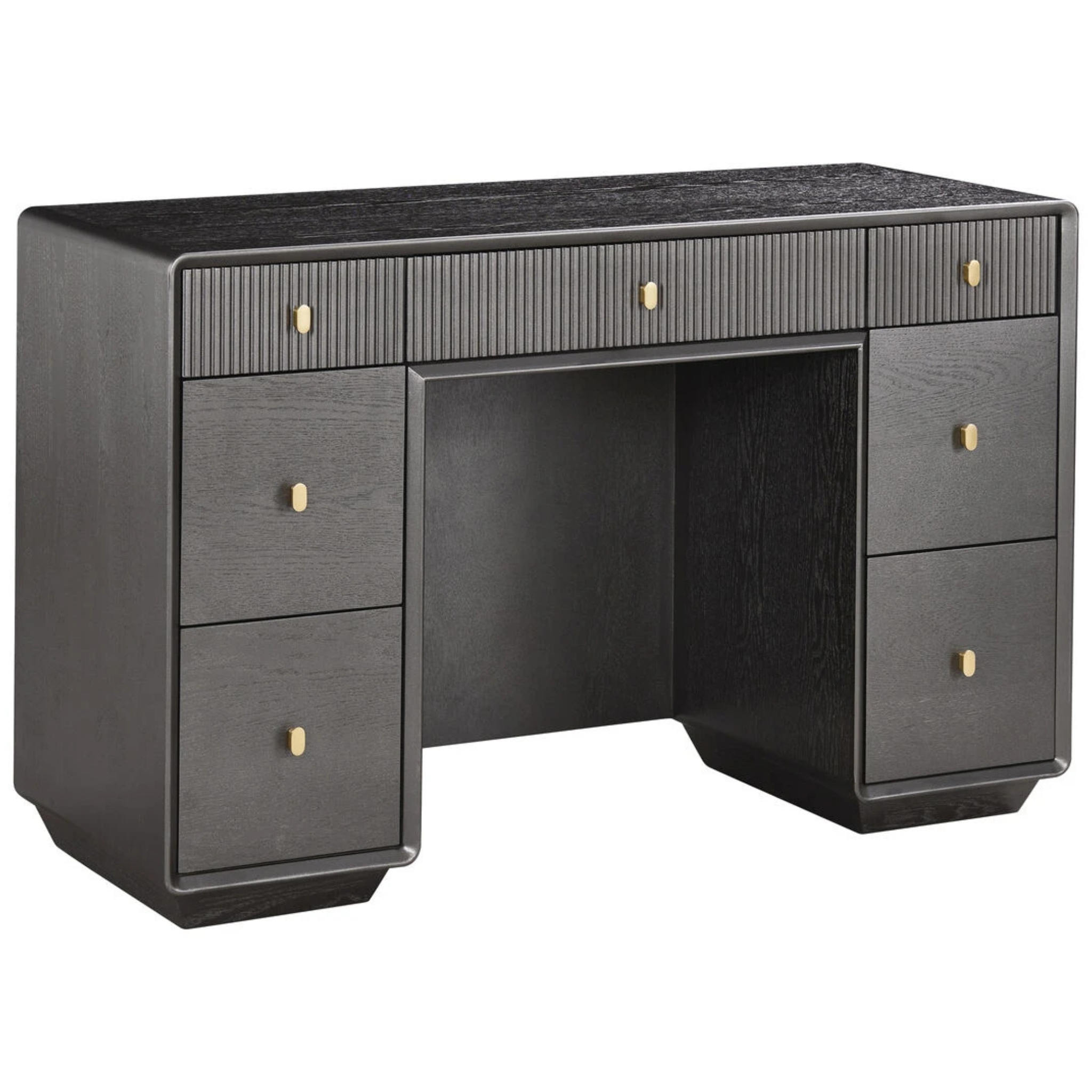 Oréliane brown grey fluted 7 drawer dressing table angled view with gold handles on a plain white background.
