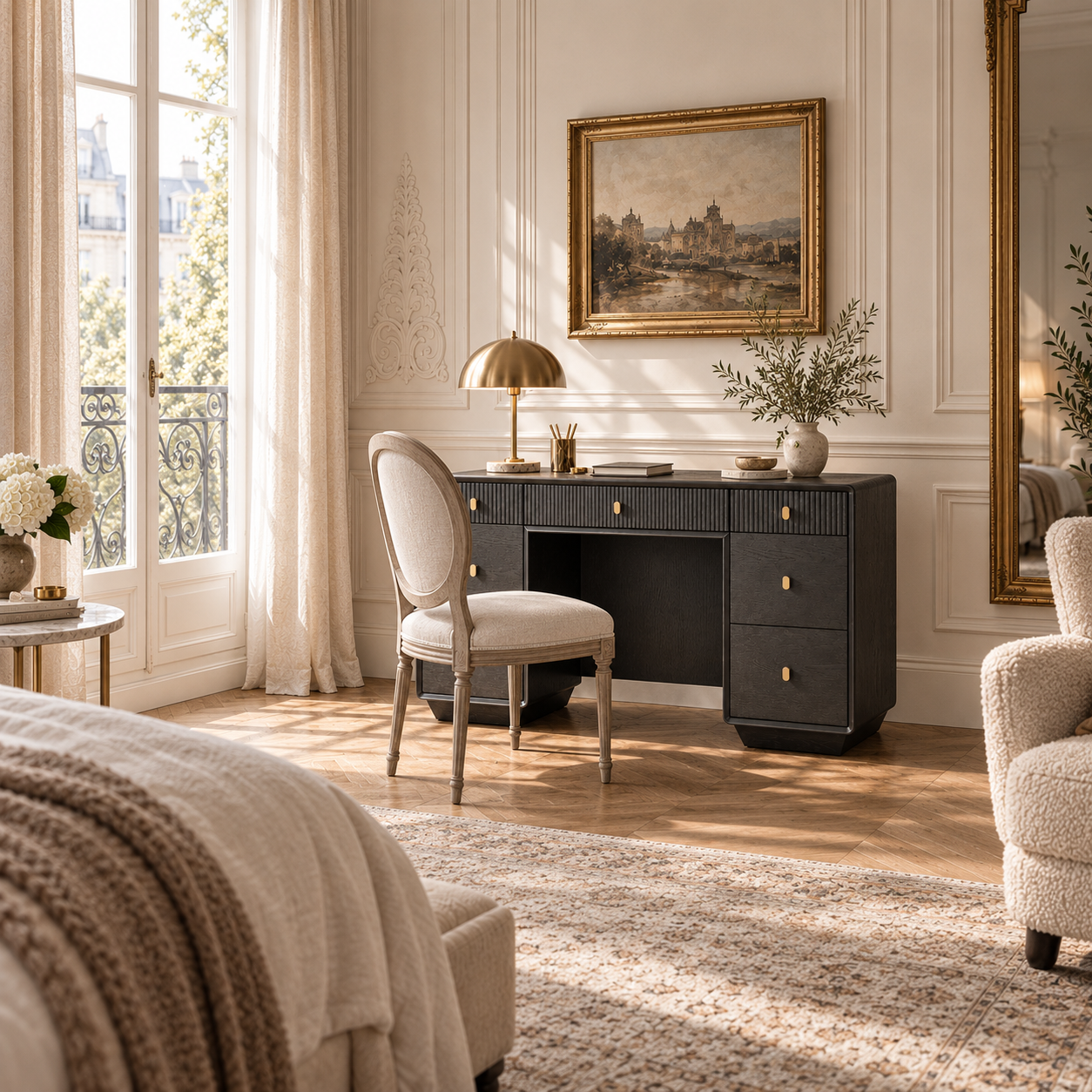 Oréliane brown grey wood veneer dressing table with chair in a sunlit Parisian bedroom with cream panelled walls.