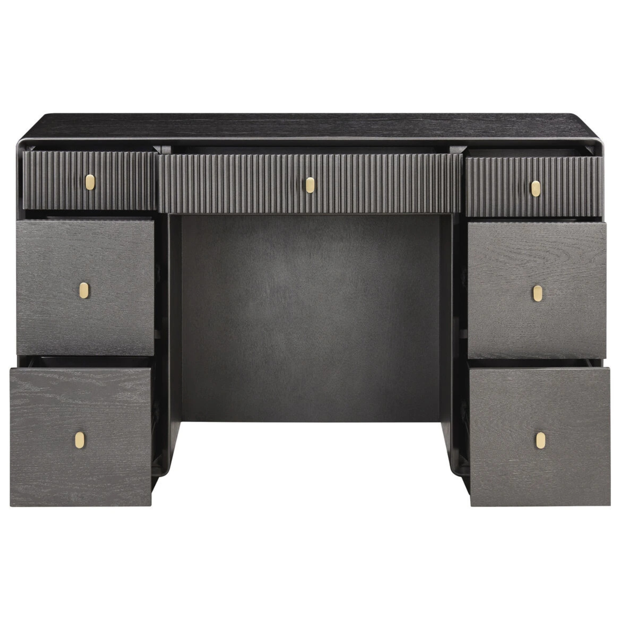 Oréliane brown grey fluted dressing table front view with seven drawers open and gold handles on a white background.
