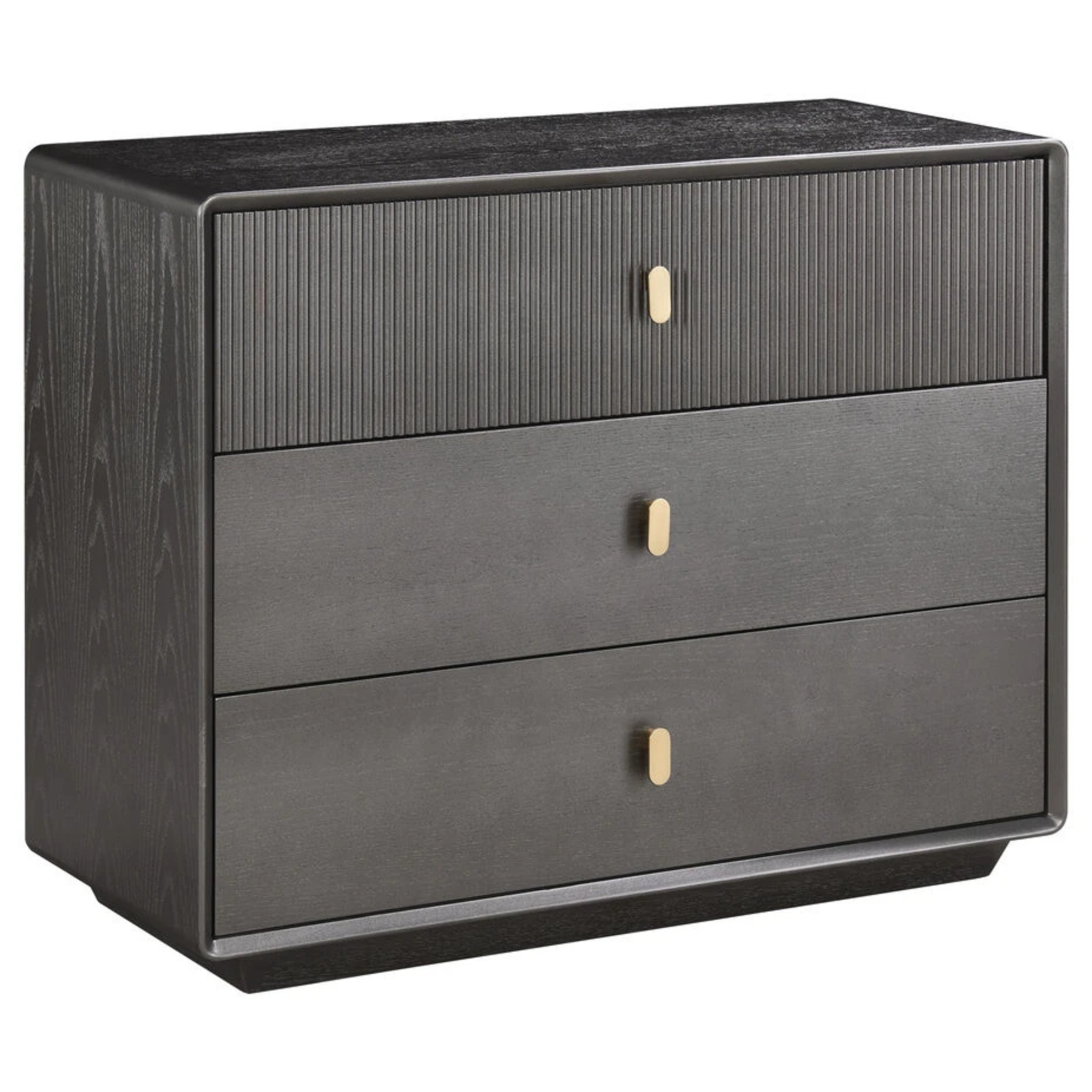 Oréliane brown grey wood veneer 3 drawer chest, angled view with fluted top drawer and gold handles on white.