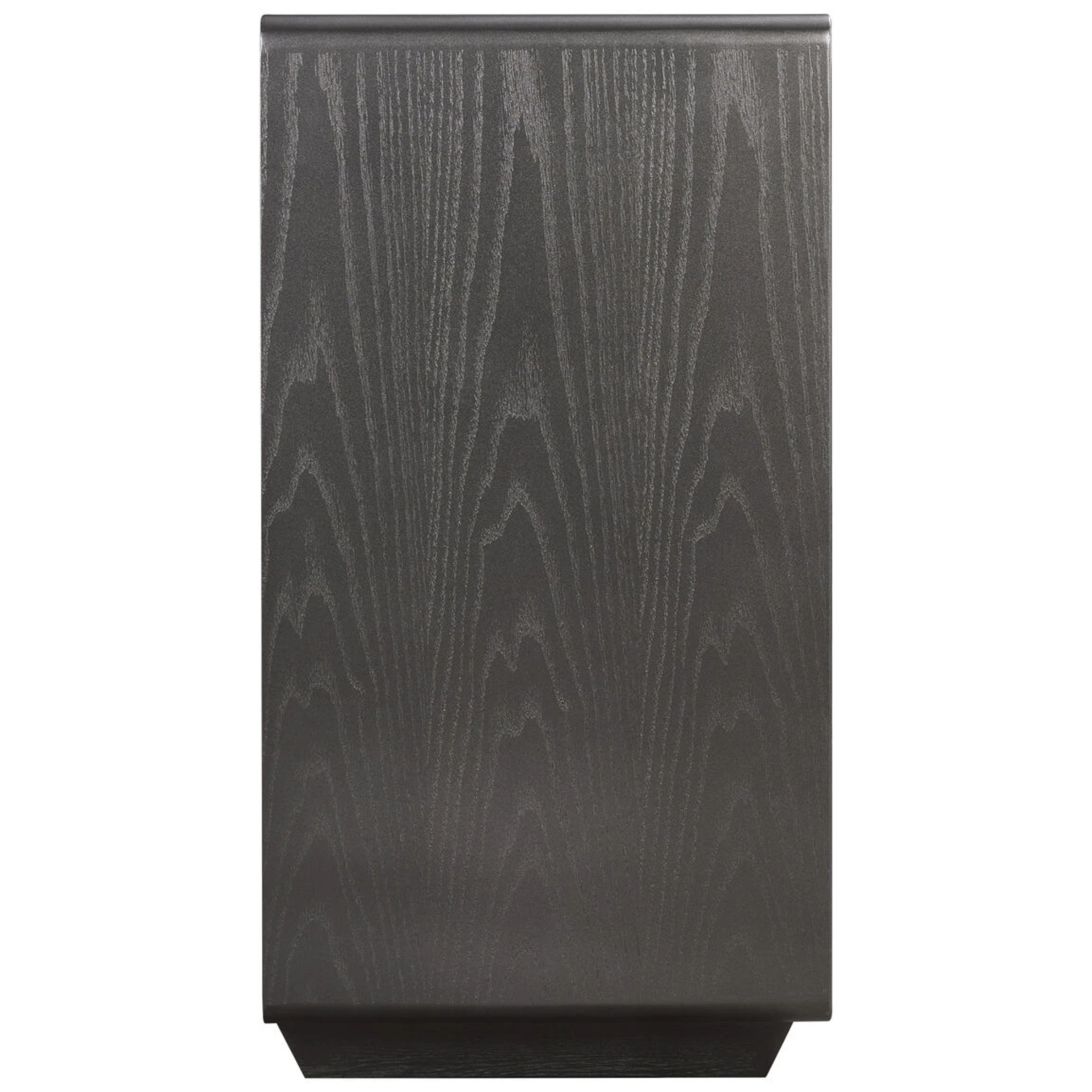Oréliane brown grey wood veneer 3 drawer chest, side profile showing dark wood grain and plinth base on white.