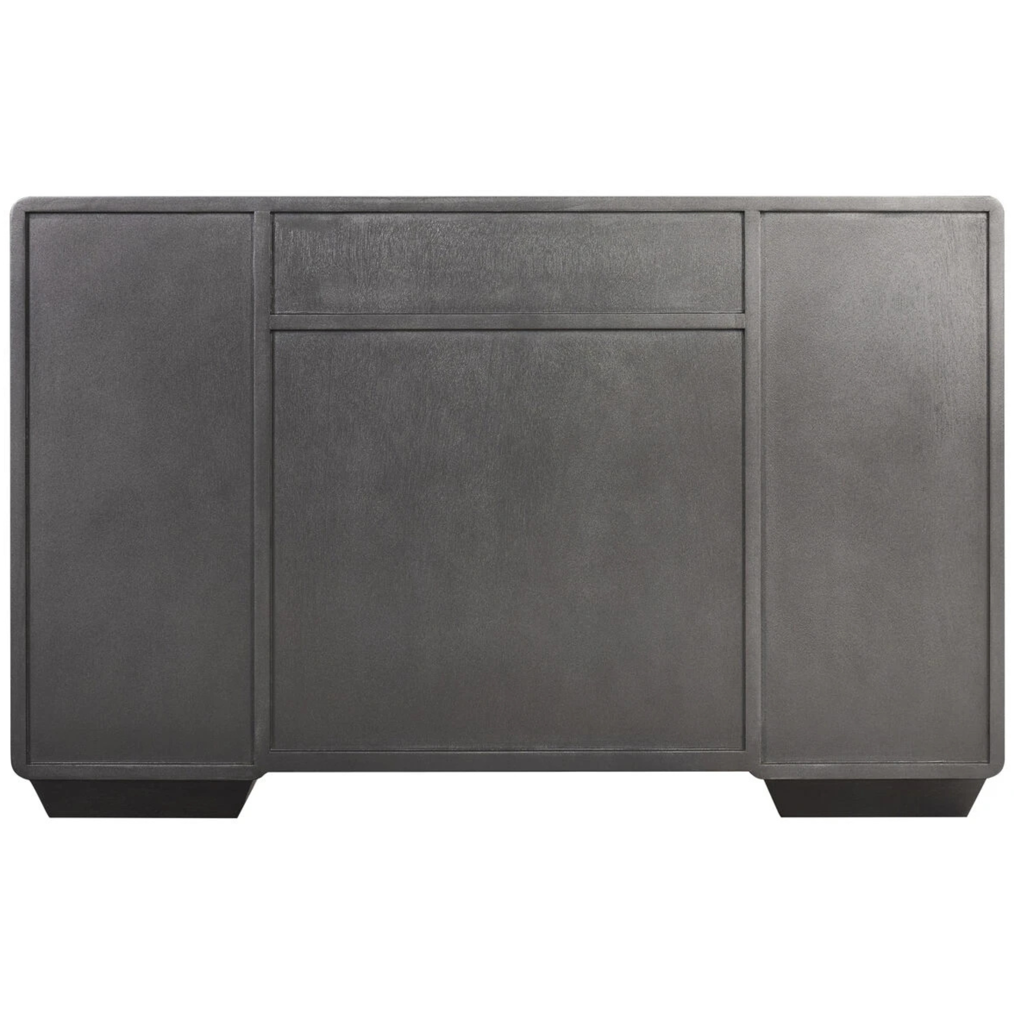 Rear view of Oréliane brown grey wood veneer 7 drawer dressing table with pedestal bases on a white background.