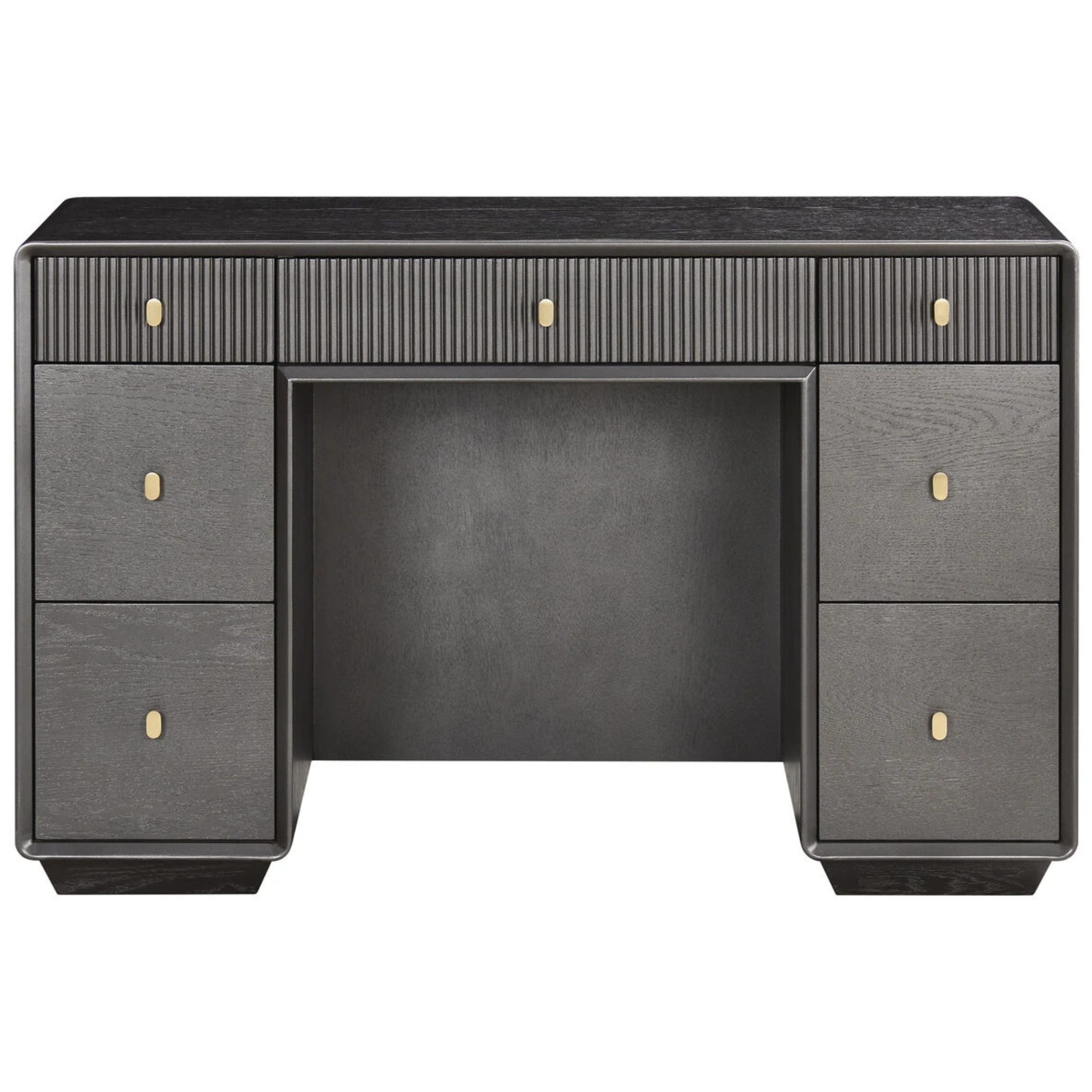 Oréliane brown grey wood veneer fluted 7 drawer dressing table with gold handles on a plain white background.