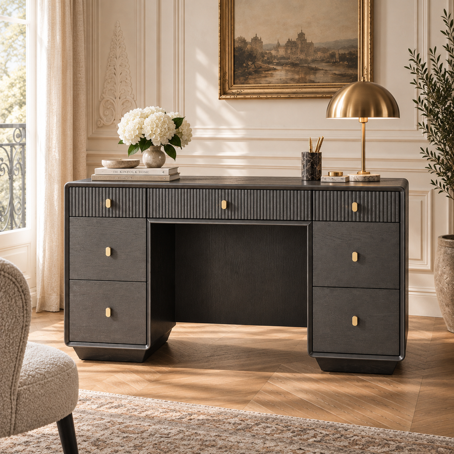 Oréliane Brown Grey Wood Veneer Fluted 7 Drawer Dressing Table