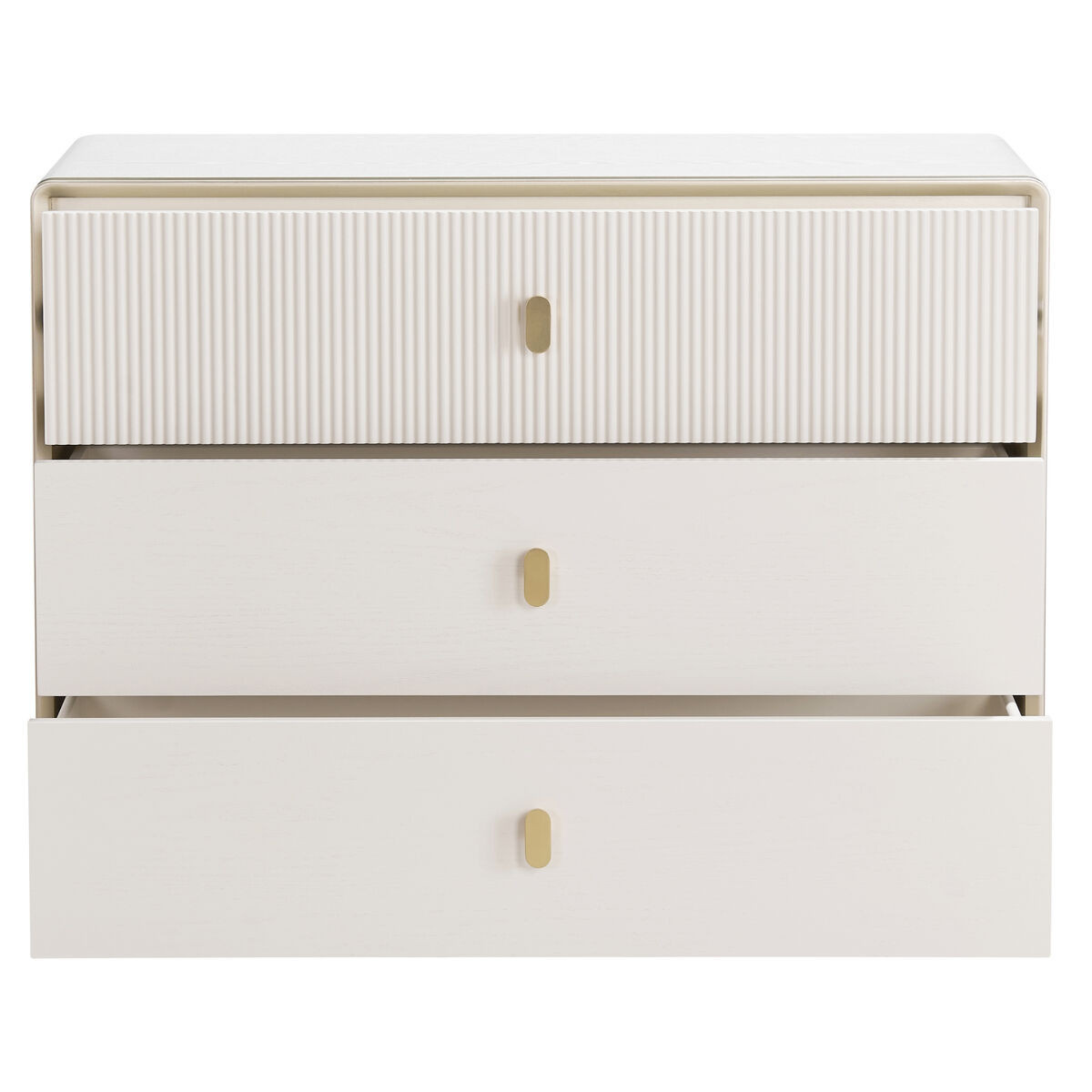 Oréliane ivory fluted 3 drawer chest with drawers partly open, front view on a white background.