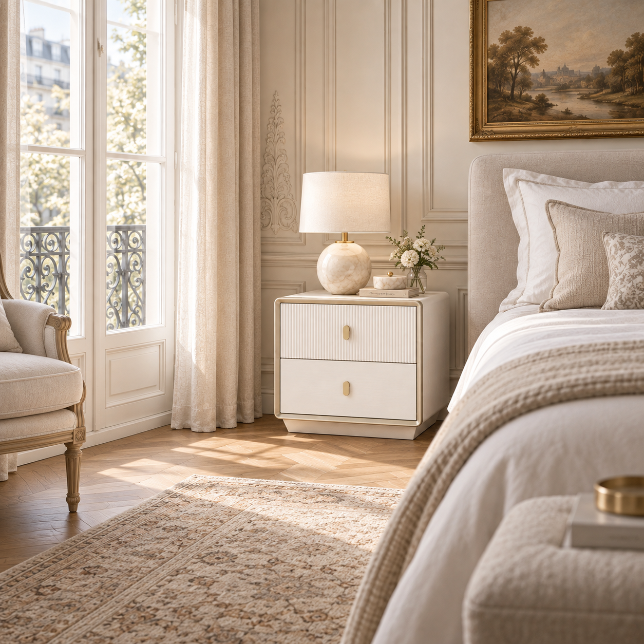 Oréliane ivory 2 drawer bedside table with gold handles in a Parisian bedroom with bed, lamp, rug and tall window.