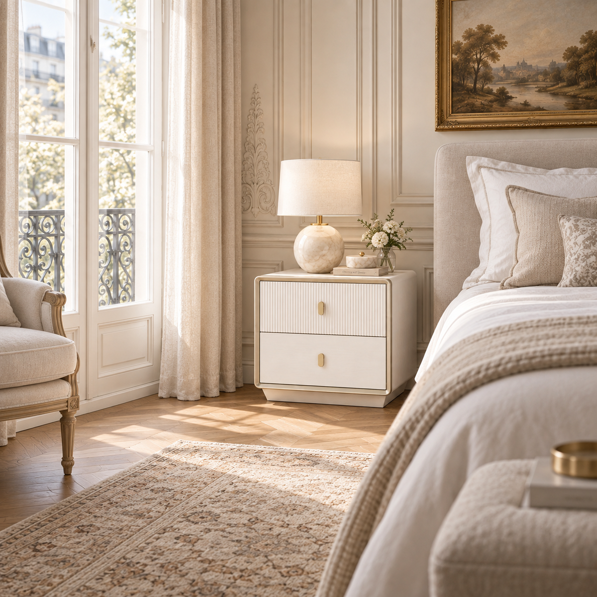 Oréliane ivory 2 drawer bedside table with gold handles in a Parisian bedroom with bed, lamp, rug and tall window.