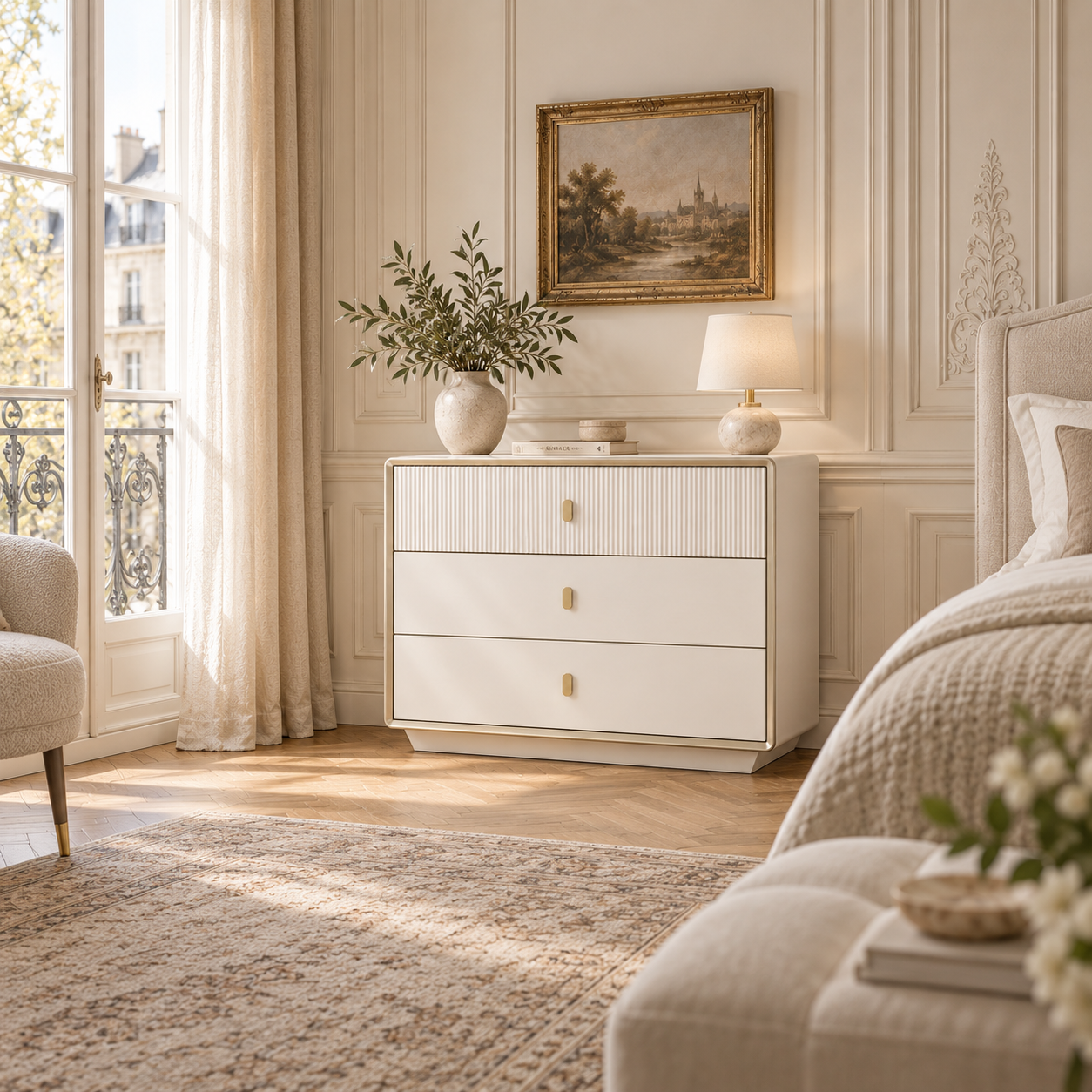 Oréliane ivory wood veneer 3 drawer chest in an elegant bedroom with window, lamp, bed, rug and framed artwork.