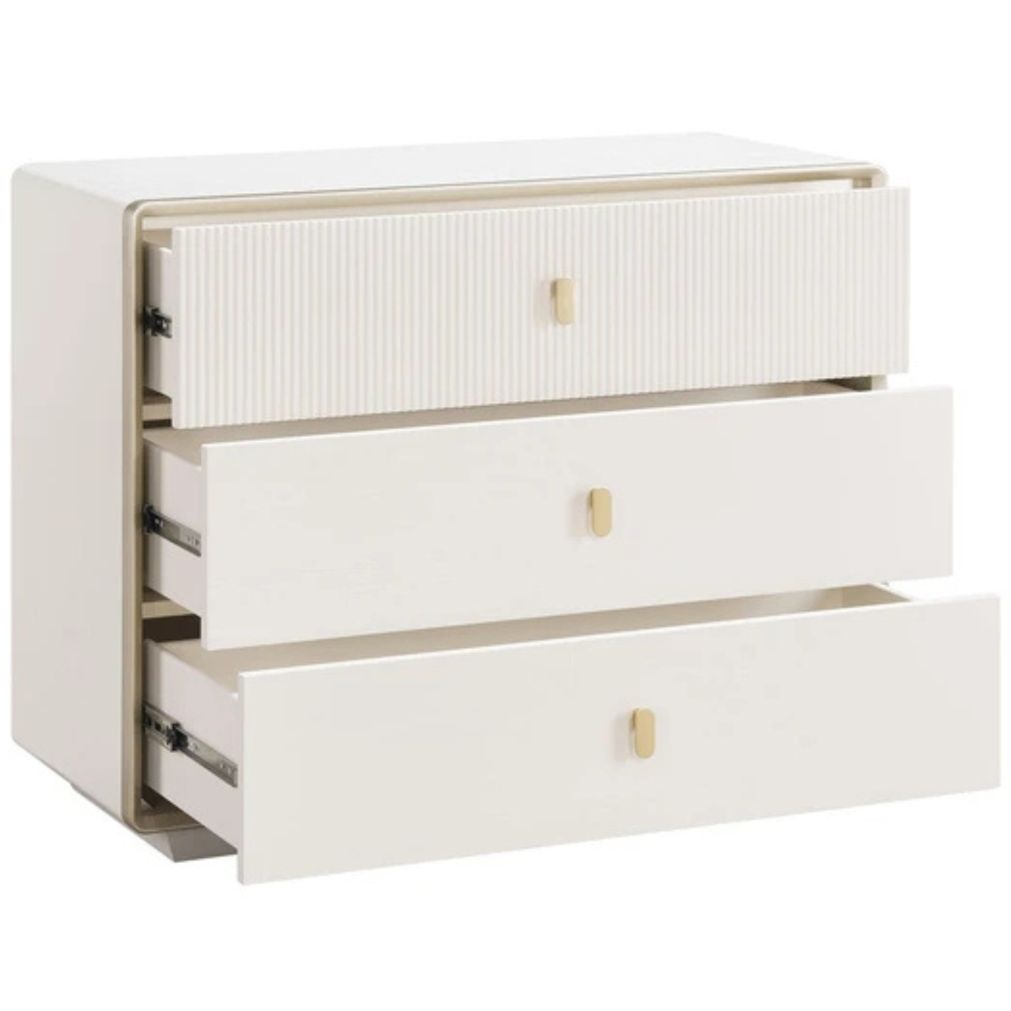 Oréliane ivory 3 drawer chest with drawers open, showing storage and gold handles on a white background.