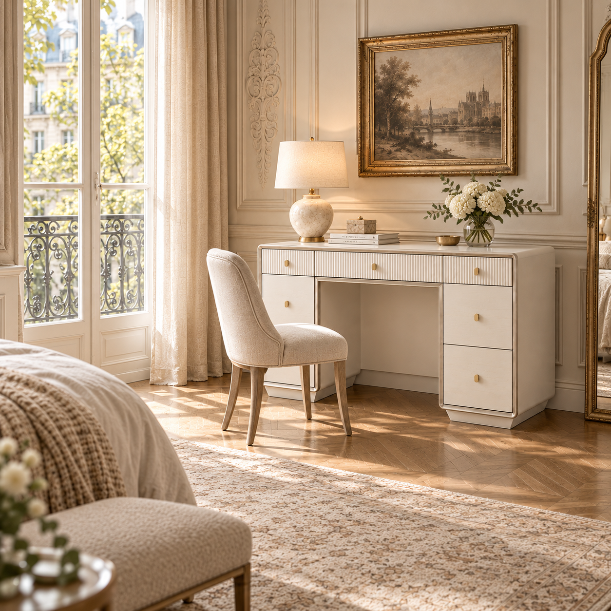 Oréliane ivory 7 drawer dressing table with gold handles in an elegant bedroom with chair, lamp, mirror and tall window.
