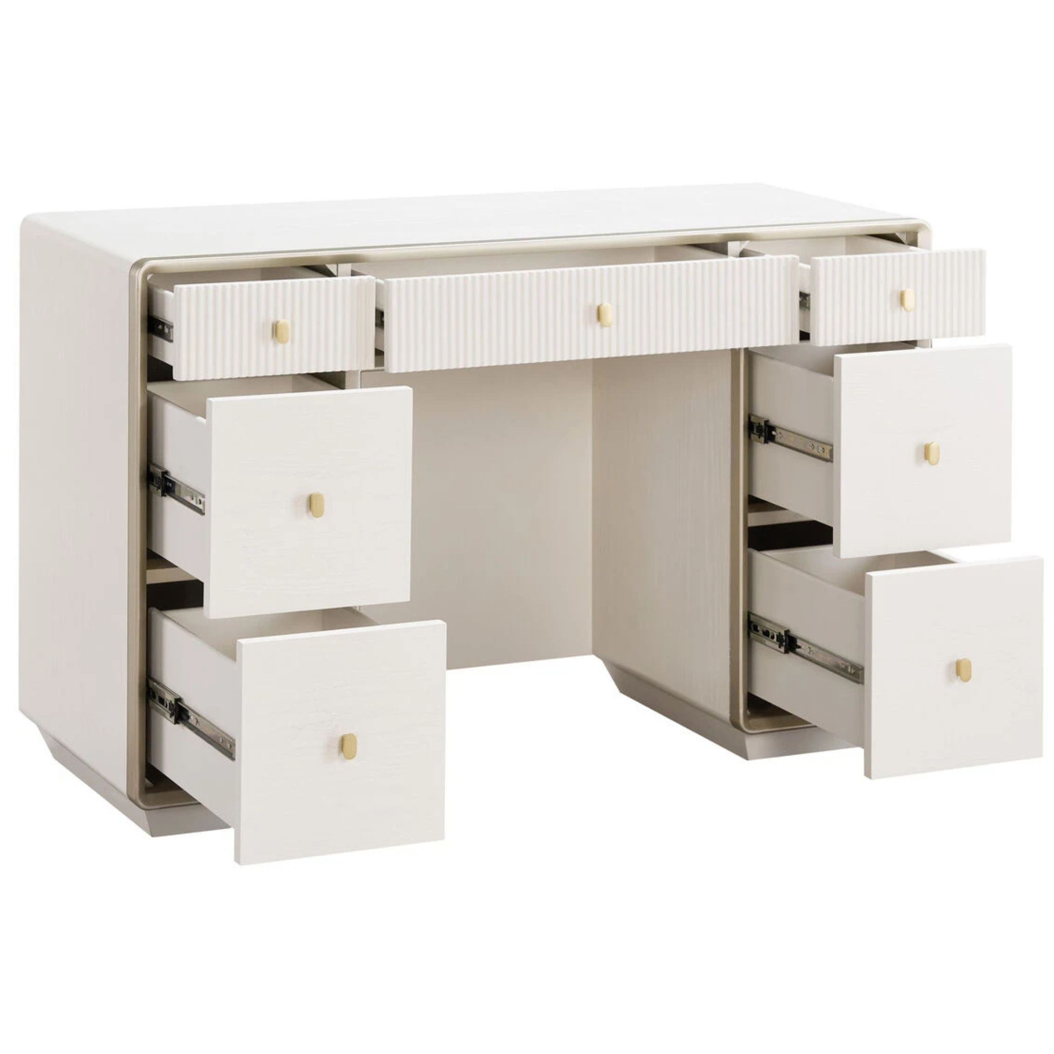 Oréliane ivory 7 drawer dressing table with several drawers open, fluted fronts and gold handles on a white background.