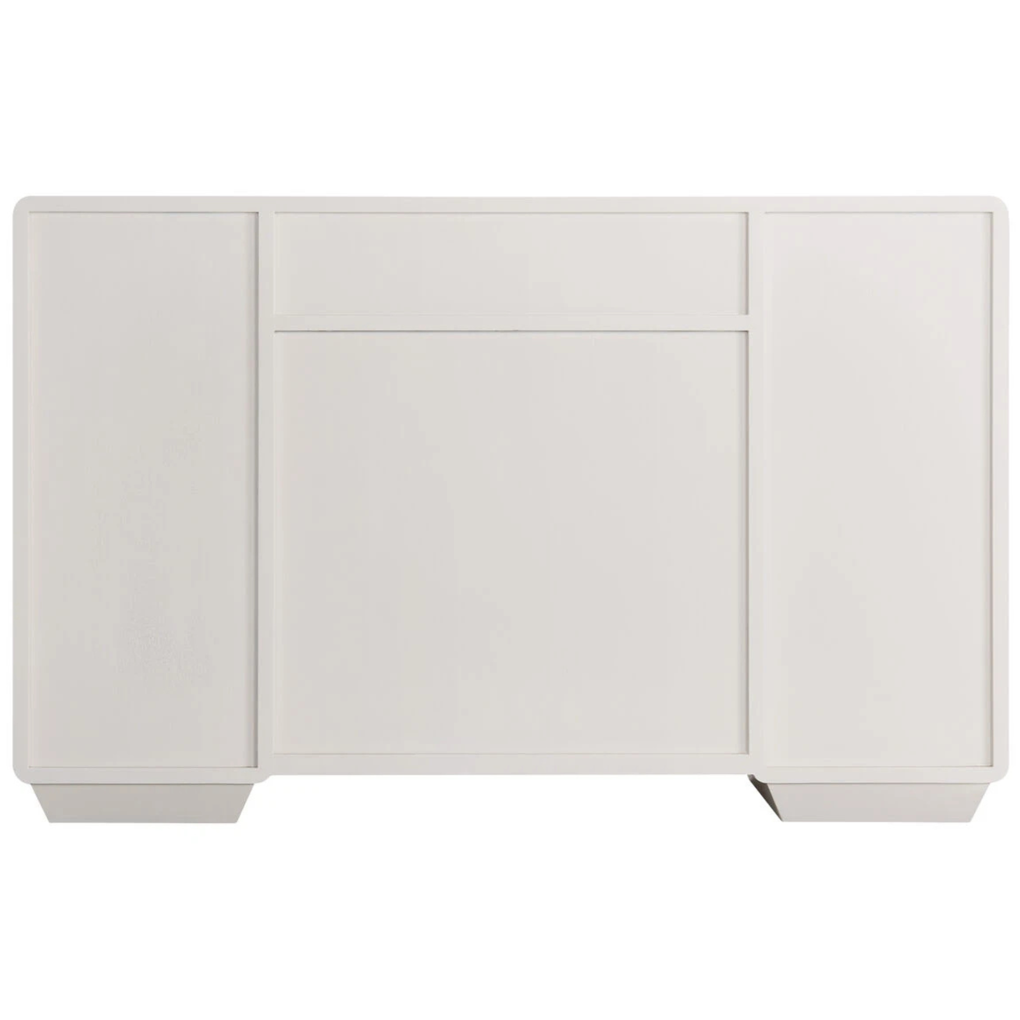 Oréliane ivory 7 drawer dressing table, rear view showing smooth back panels and twin plinth bases on a white background.