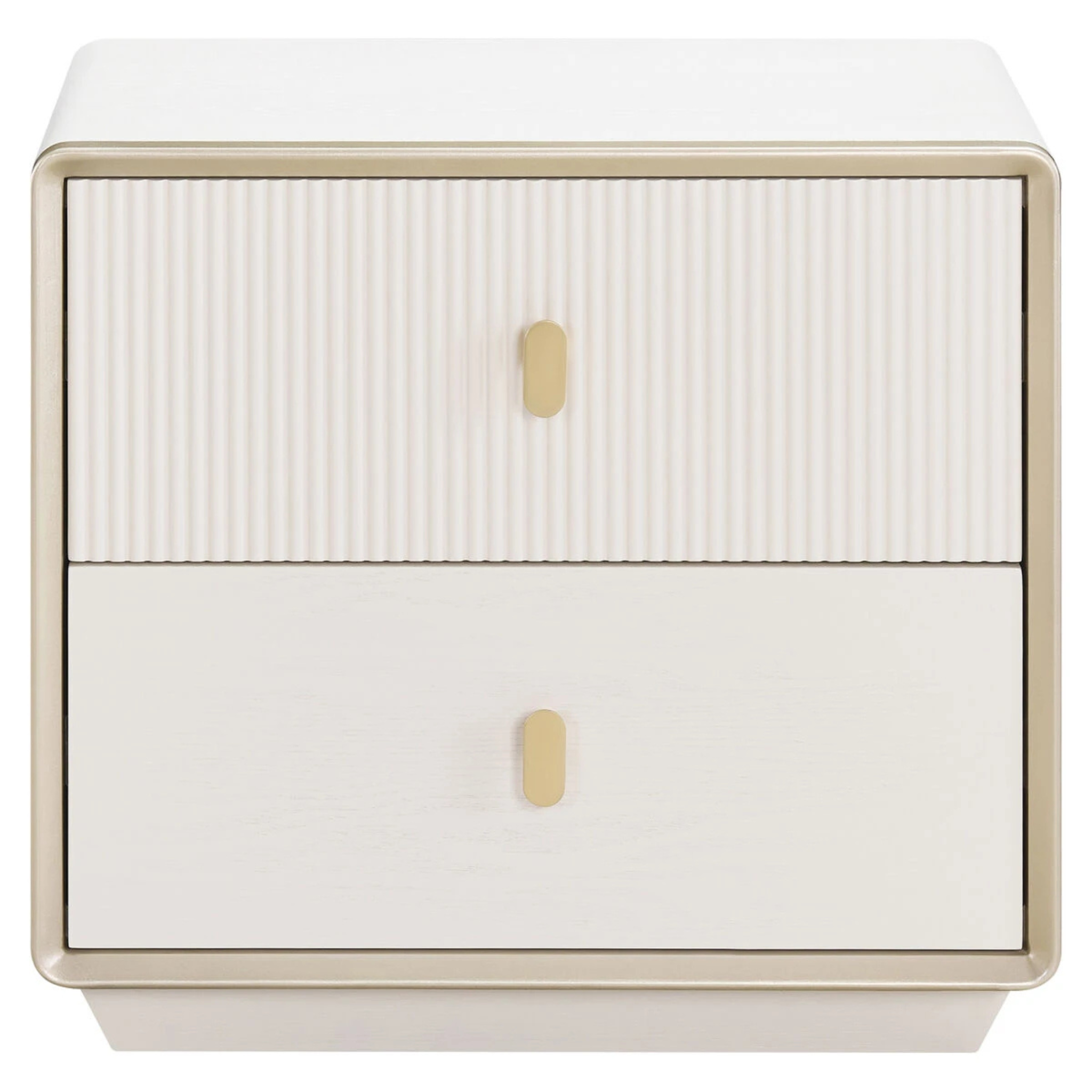 Oréliane ivory fluted 2 drawer bedside table, front view with gold handles on a clean white background.