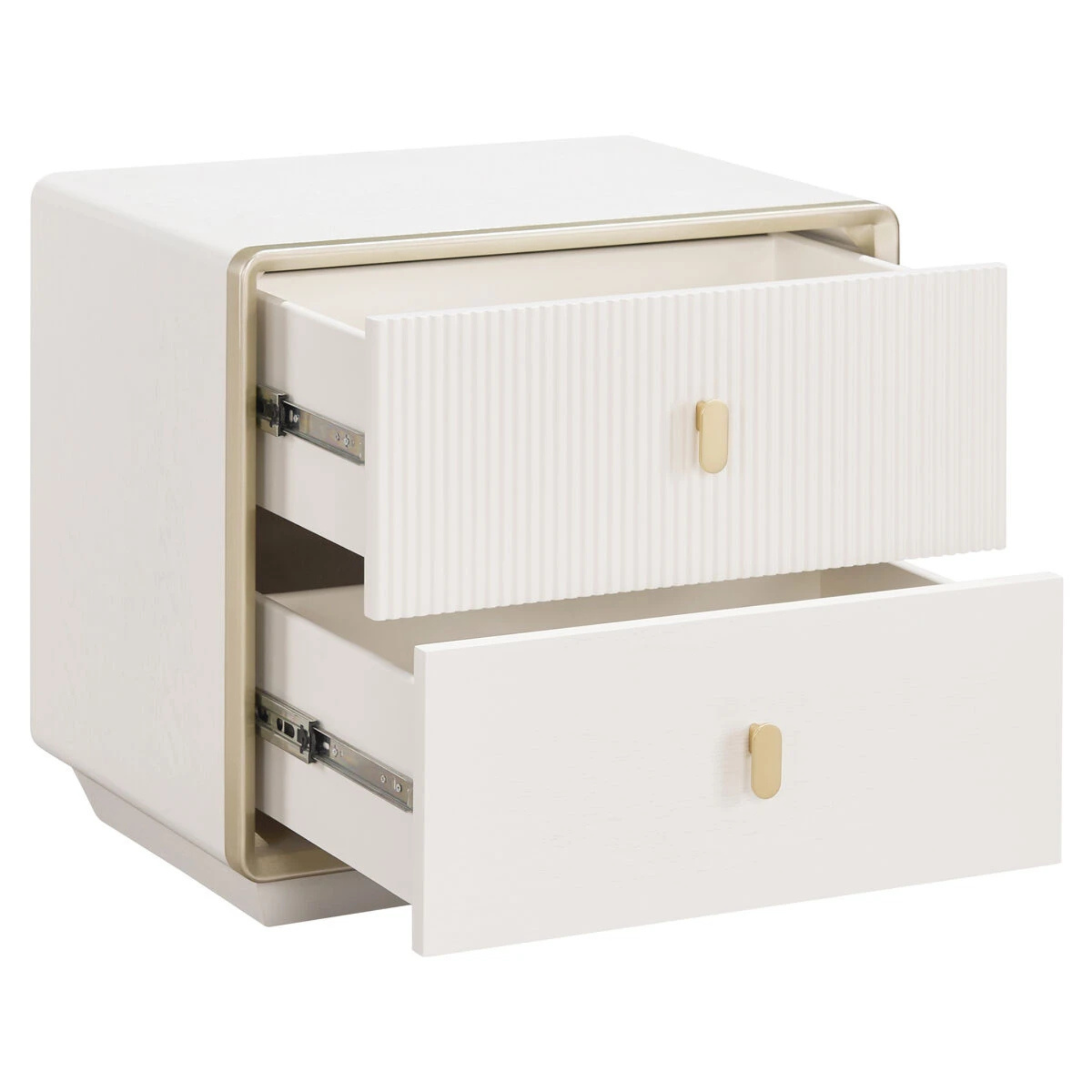 Oréliane ivory fluted 2 drawer bedside table with both storage drawers open and gold handles on a white background.
