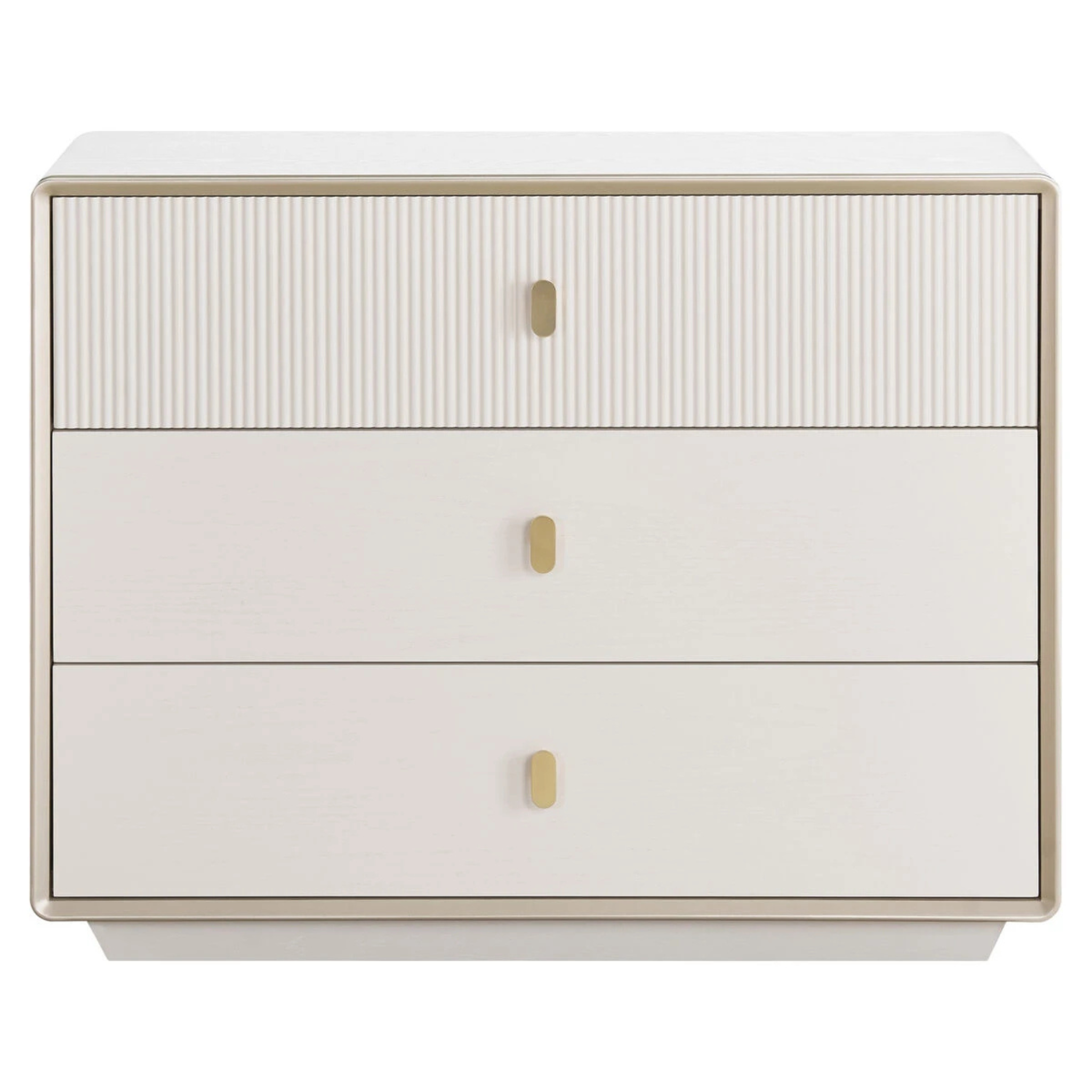 Oréliane ivory fluted 3 drawer chest, front view with gold handles on a clean white background.