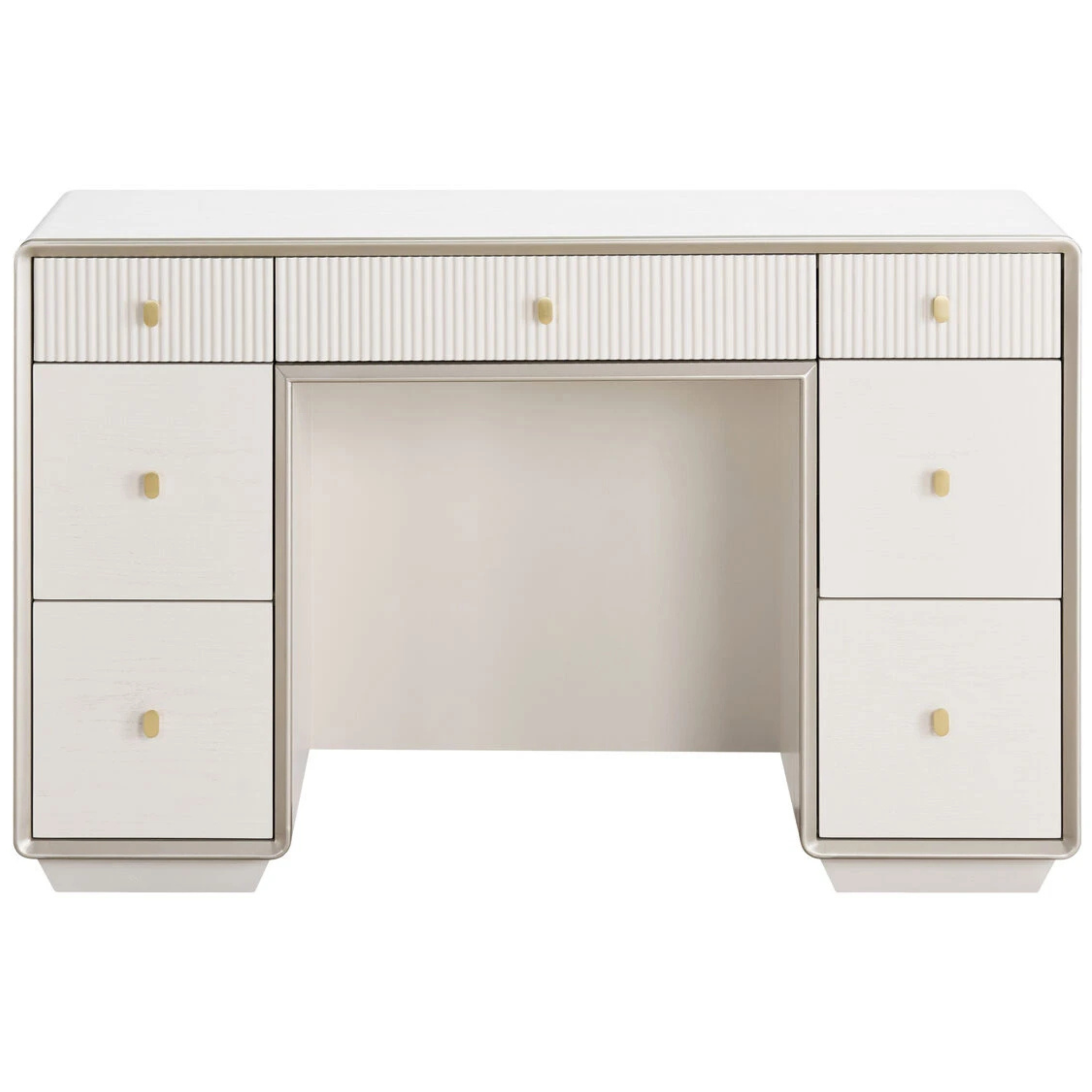Oréliane ivory fluted 7 drawer dressing table, front view with gold handles on a clean white background.
