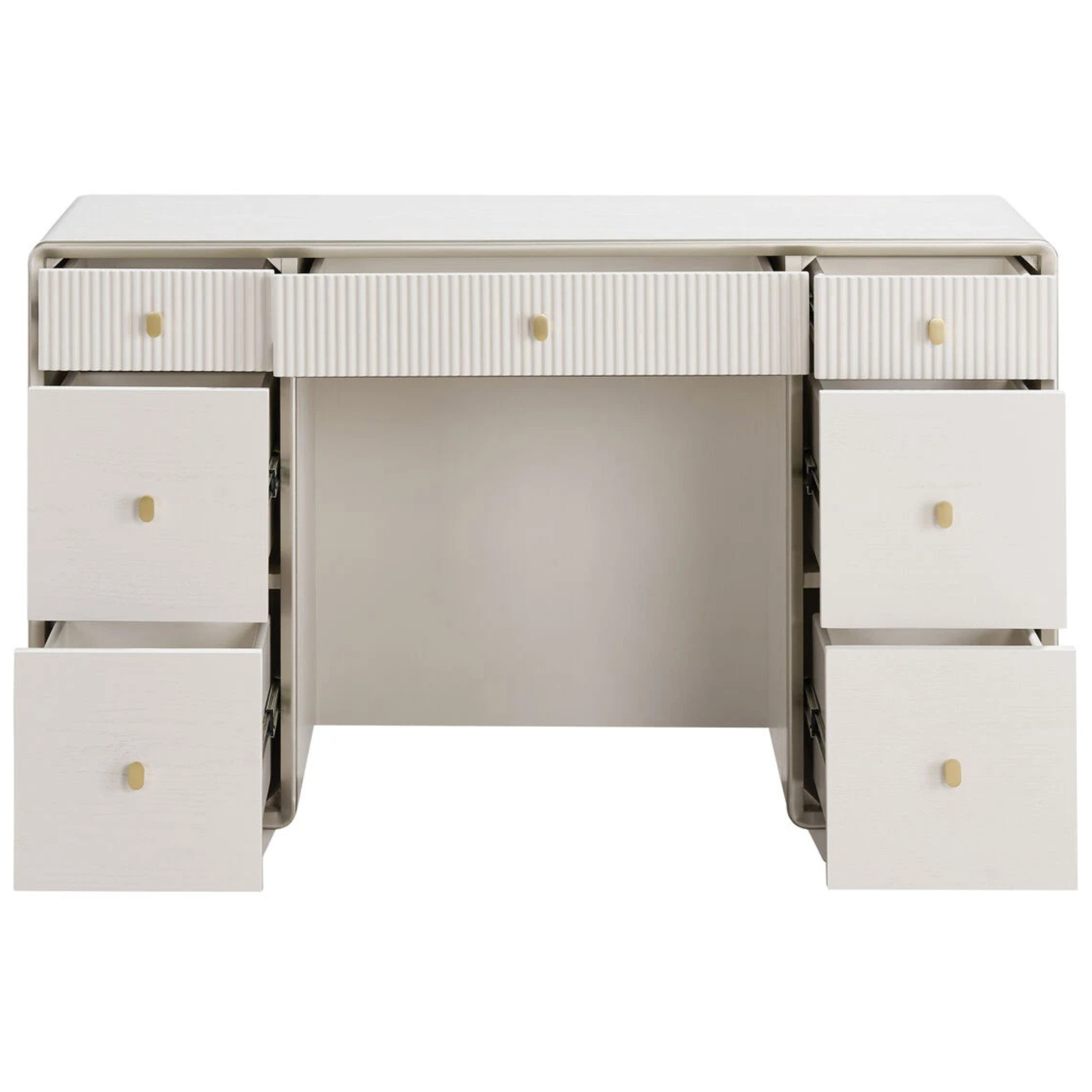 Oréliane ivory fluted 7 drawer dressing table with drawers open, showing storage on a clean white background.
