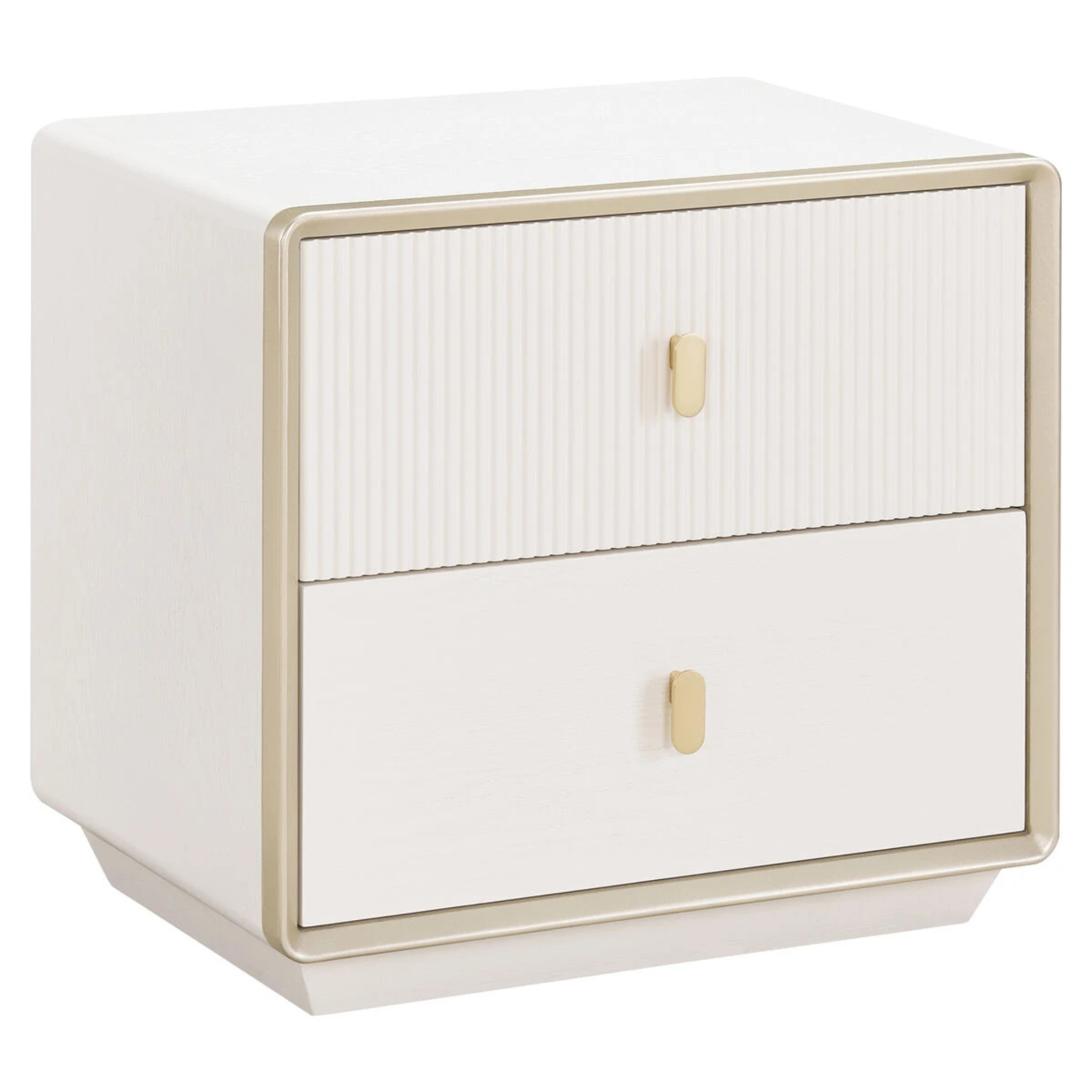 Oréliane ivory wood veneer 2 drawer bedside table with fluted top drawer and gold handles on a white background.