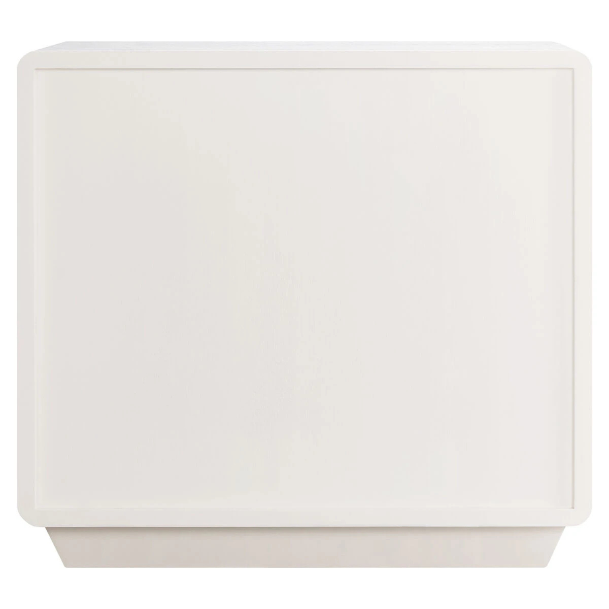 Oréliane ivory wood veneer 2 drawer bedside table, rear view showing smooth back panel and plinth base on white.