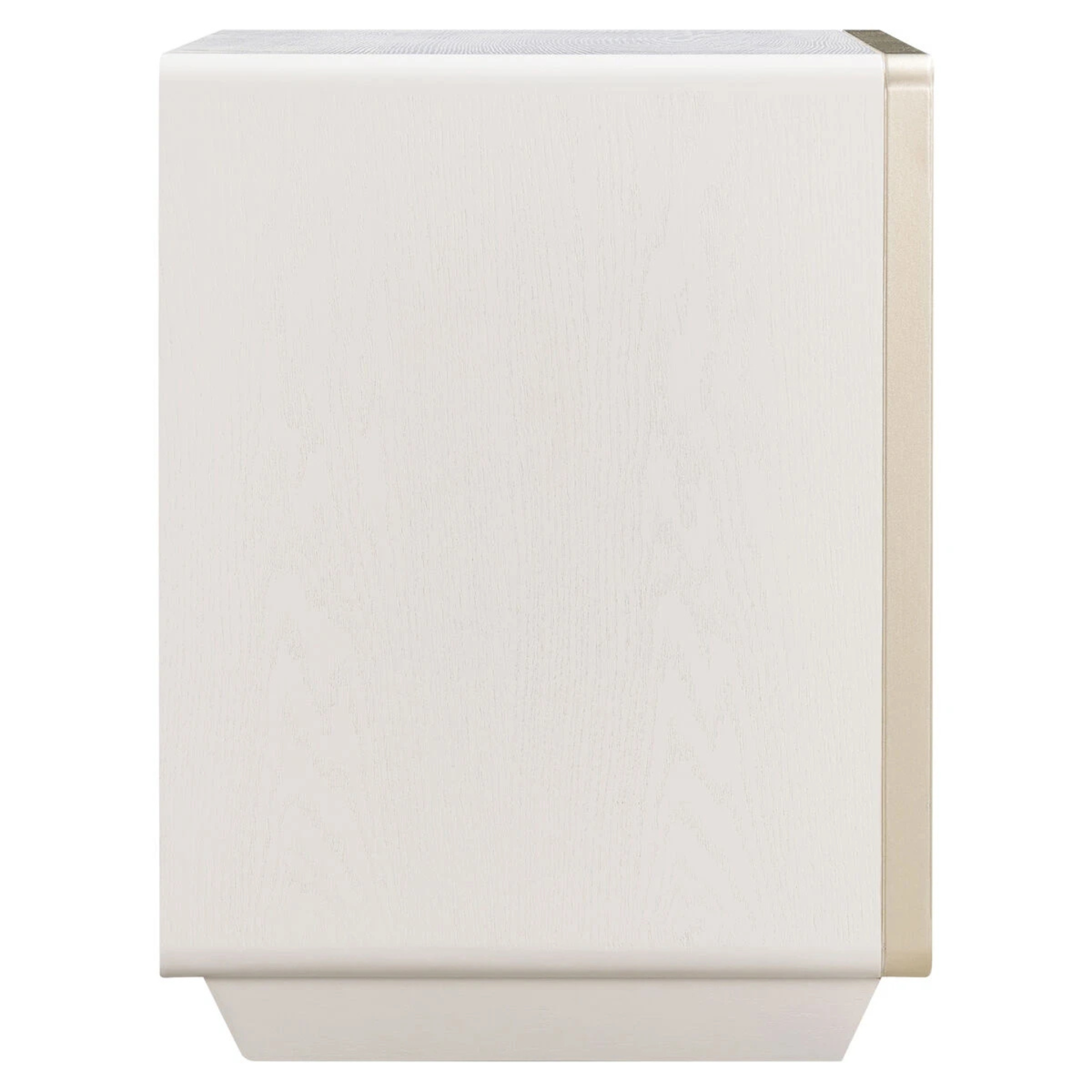 Oréliane ivory wood veneer 2 drawer bedside table, side profile with gold trim and plinth base on a white background.