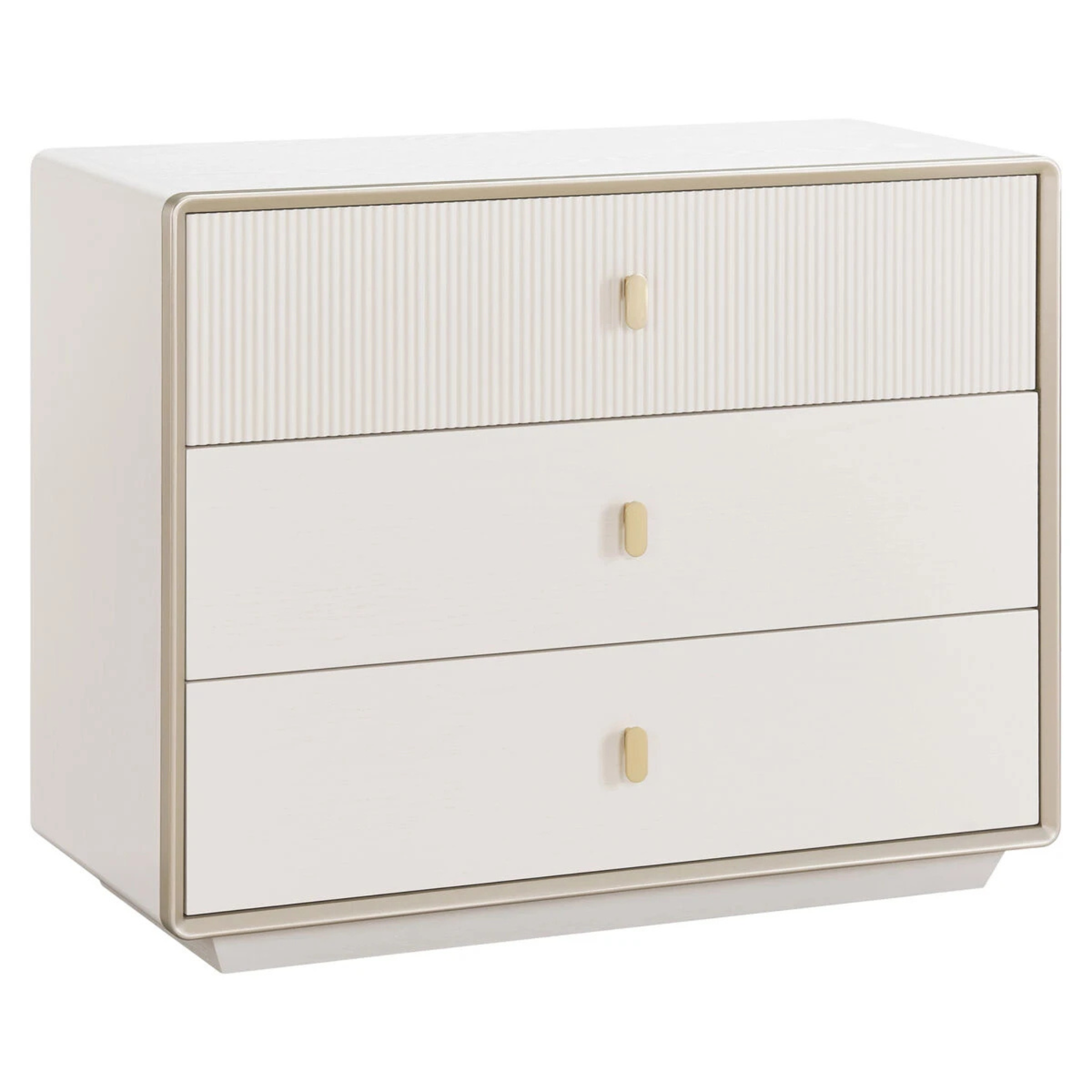 Oréliane ivory wood veneer 3 drawer chest, angled view with fluted top drawer and gold handles on white.