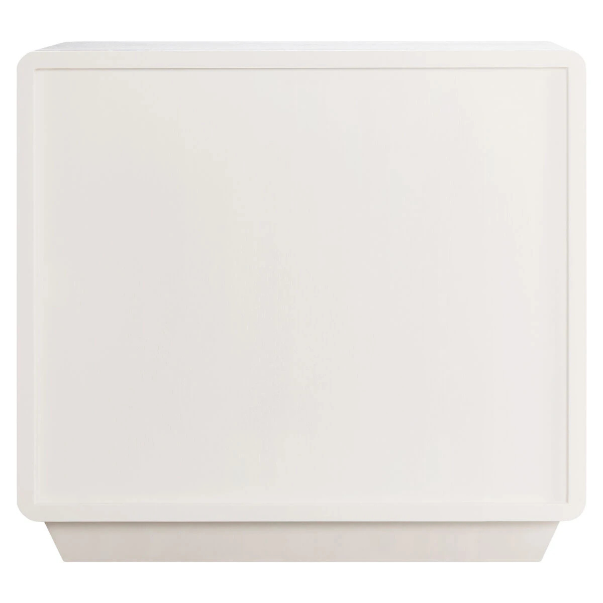 Oréliane ivory wood veneer 3 drawer chest, rear view showing smooth back panel and plinth base on white.
