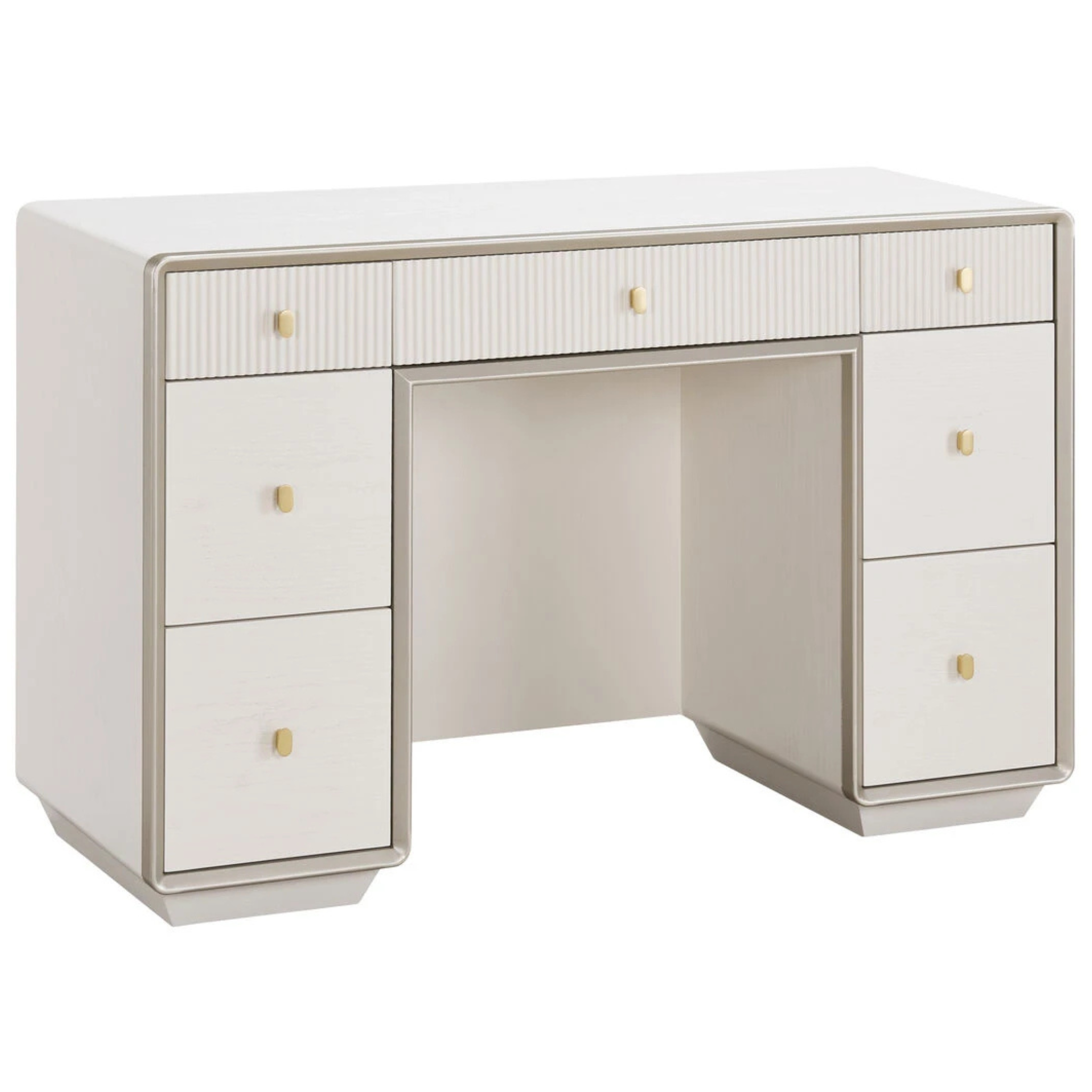 Oréliane ivory wood veneer 7 drawer dressing table, angled view with gold handles on a white background.
