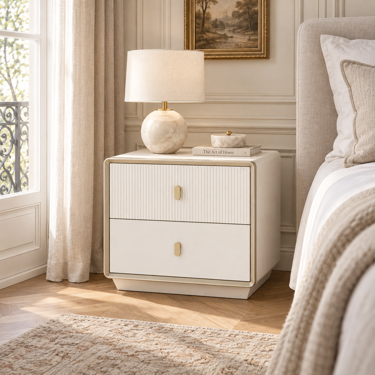 Oréliane ivory fluted 2 drawer bedside table with gold handles beside a neutral bed, lamp and curtained window.