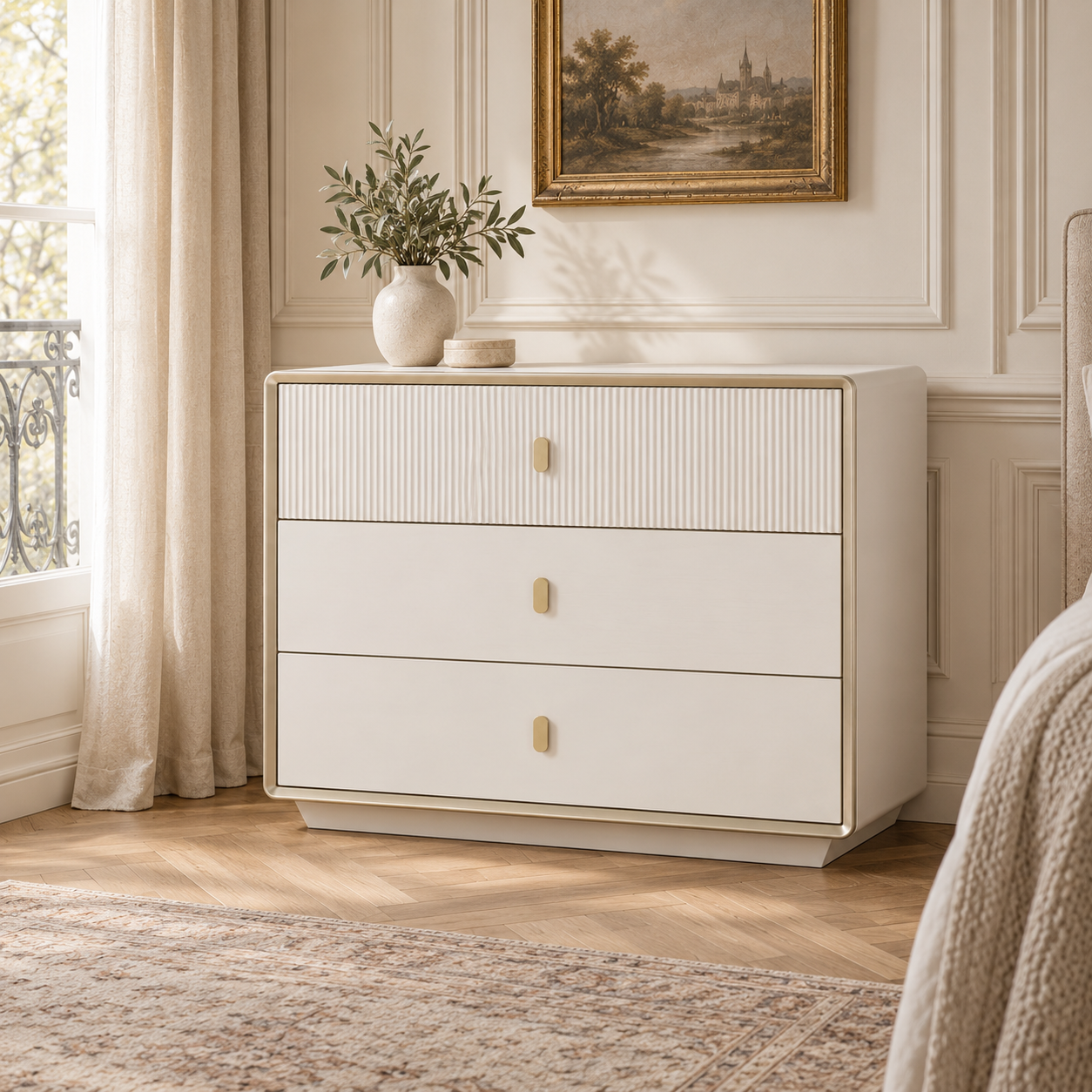 Oréliane ivory wood veneer fluted 3 drawer chest in a sunlit bedroom with bed, rug, framed art and greenery.