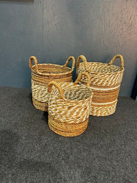 Set Of 3 Natural & White Banana Raffia Twister Baskets