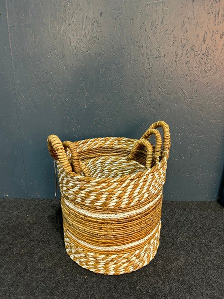 Set Of 3 Natural & White Banana Raffia Twister Baskets