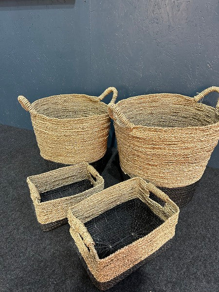 Set Of 4 Tapered Seagrass Black Raffia Baskets