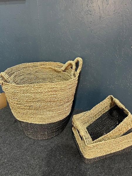 Set Of 4 Tapered Seagrass Black Raffia Baskets