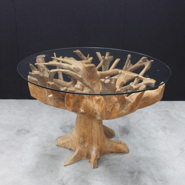 Teak Root 1.3m Round Dining Table With Glass Top