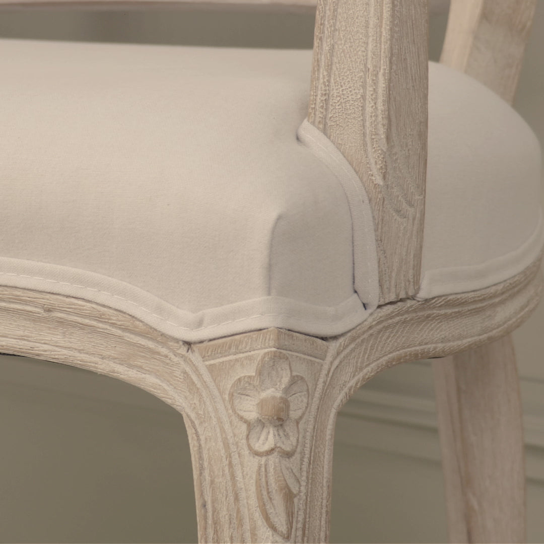 Camille Louis 2 seater settee with carved birch wood frame, natural cane back and cream linen upholstery video.