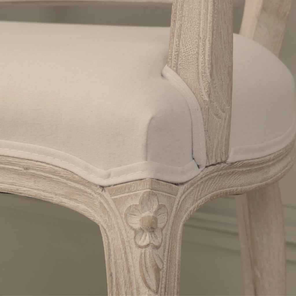 Camille Louis 2 seater settee with carved birch wood frame, natural cane back and cream linen upholstery video.