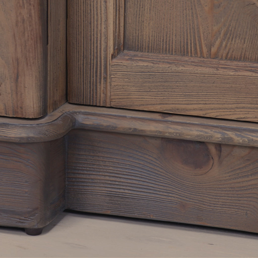 Aveline rustic pine wood 4 door sideboard video showing weathered grain, arched doors and handcrafted detailing.