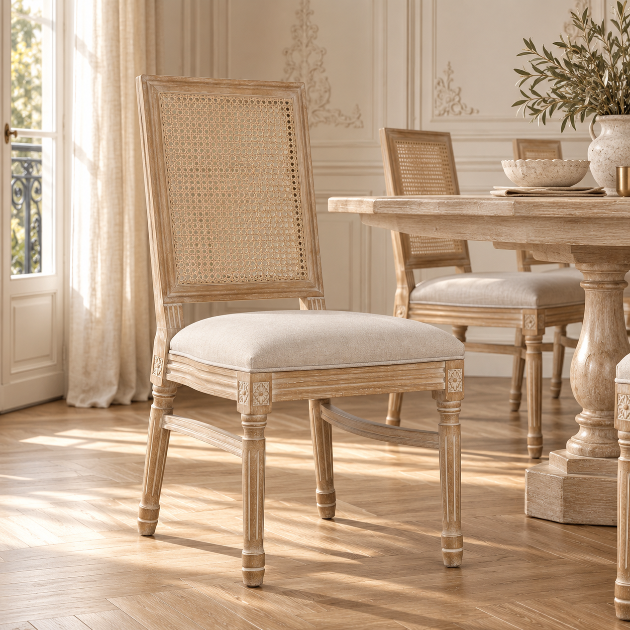Close-up video of Camille French Louis dining chair showing woven rattan back and light washed wood frame.