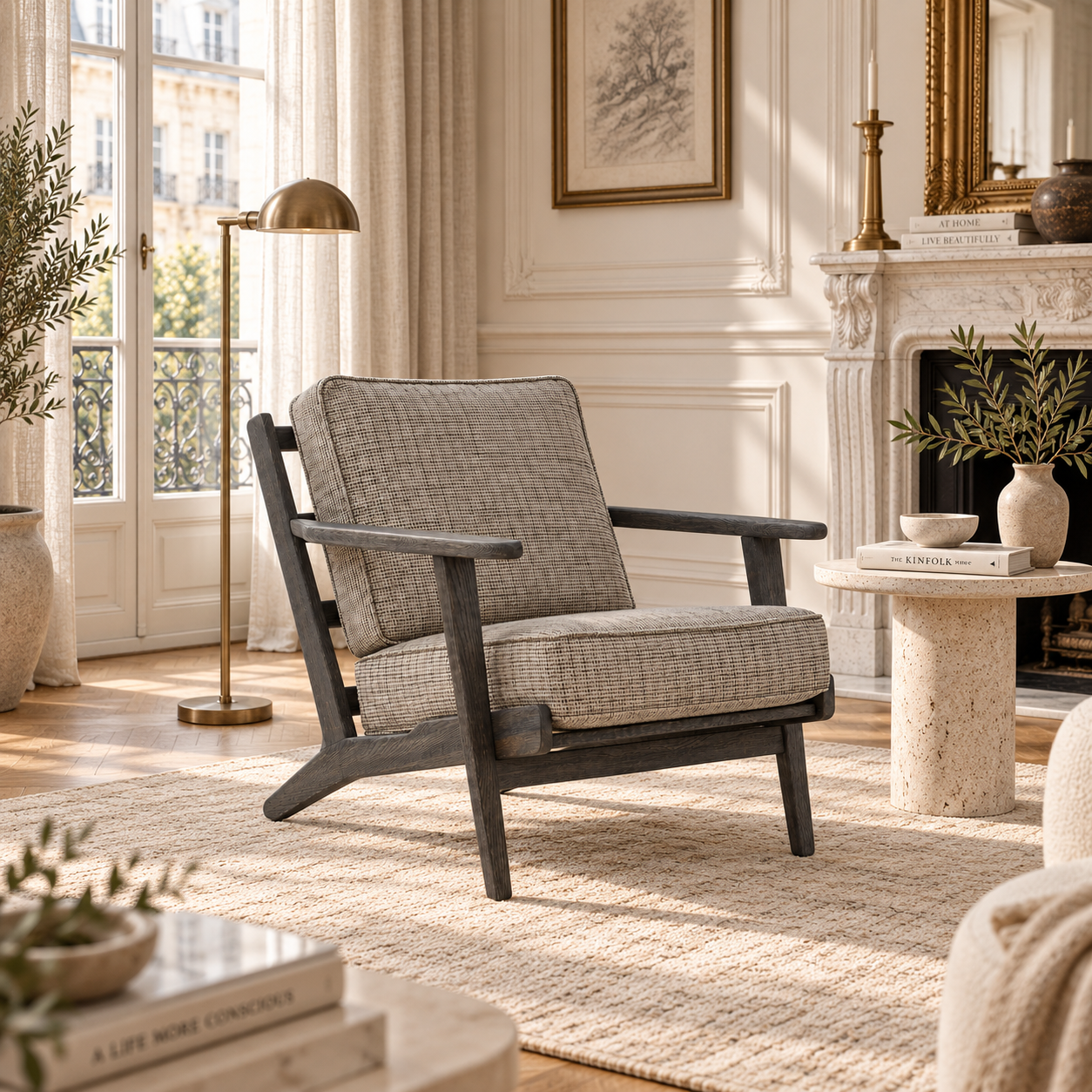 Rémi grey tweed and black American oak armchair in a Parisian living room with fireplace and brass floor lamp.