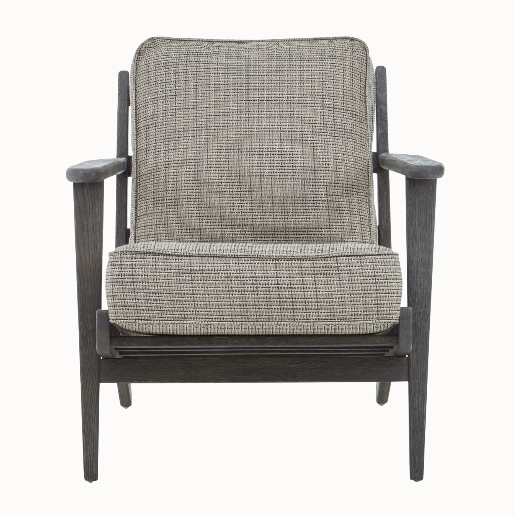 Front view of Rémi grey tweed armchair with black American oak wood frame against a plain white background.