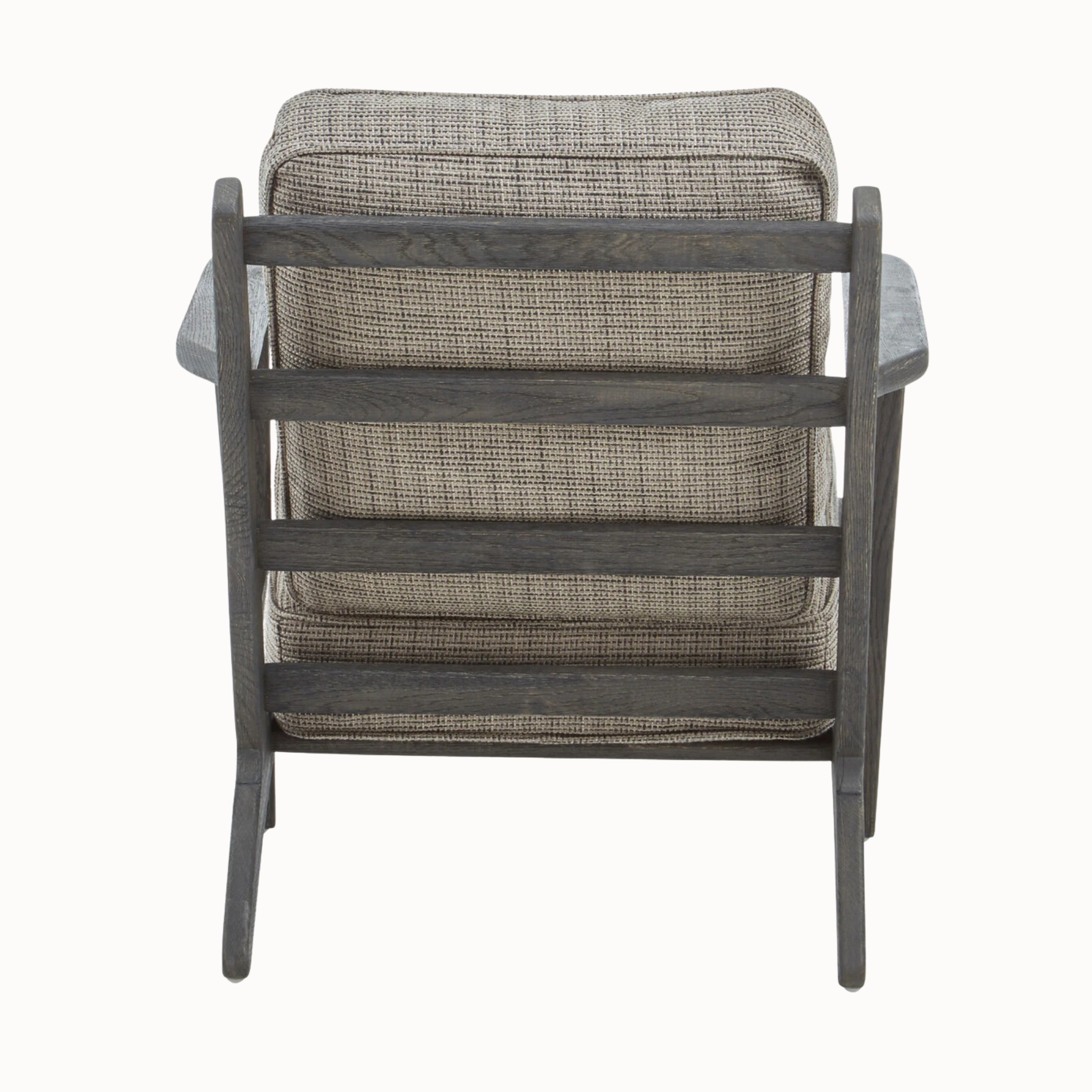 Rear view of Rémi grey tweed armchair with black American oak ladder frame against a plain white background.