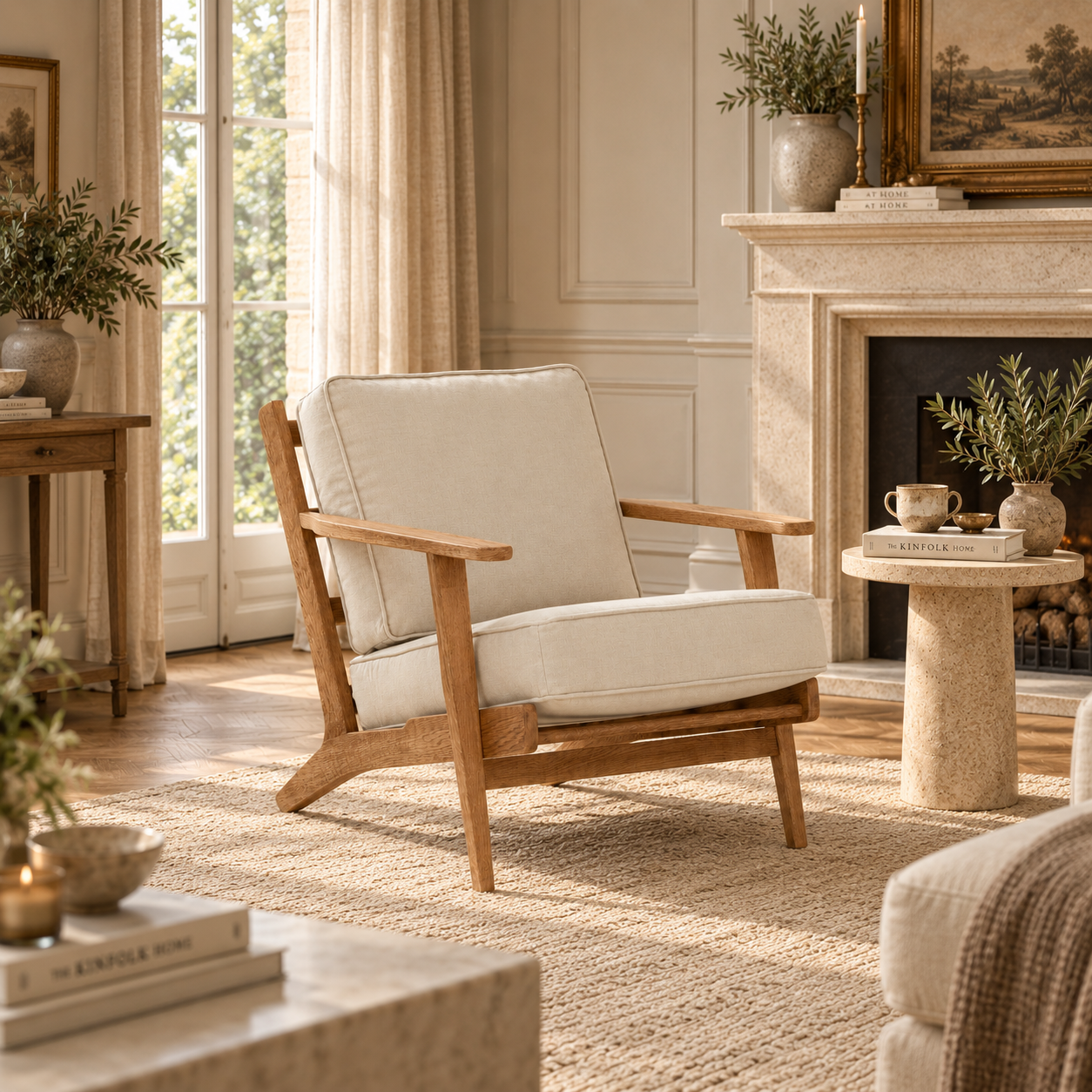 Rémi natural linen and dark American oak armchair in a sunlit Parisian living room with fireplace and rug.