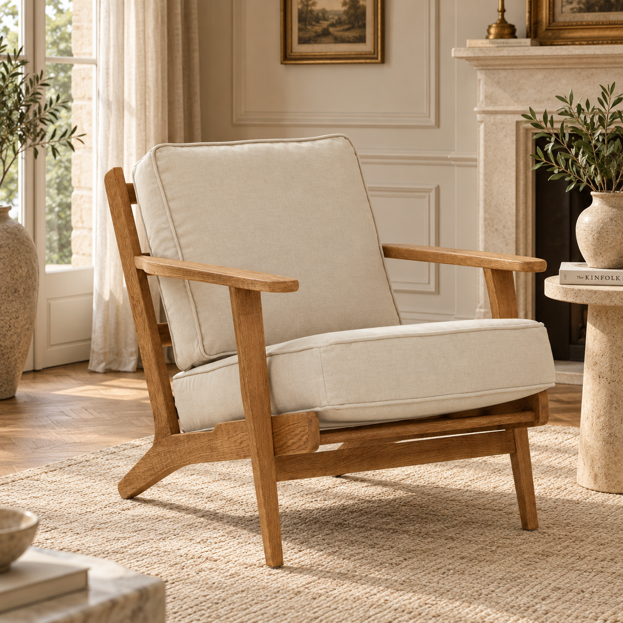 Rémi natural linen and dark American oak armchair in an elegant Parisian living room with marble fireplace.