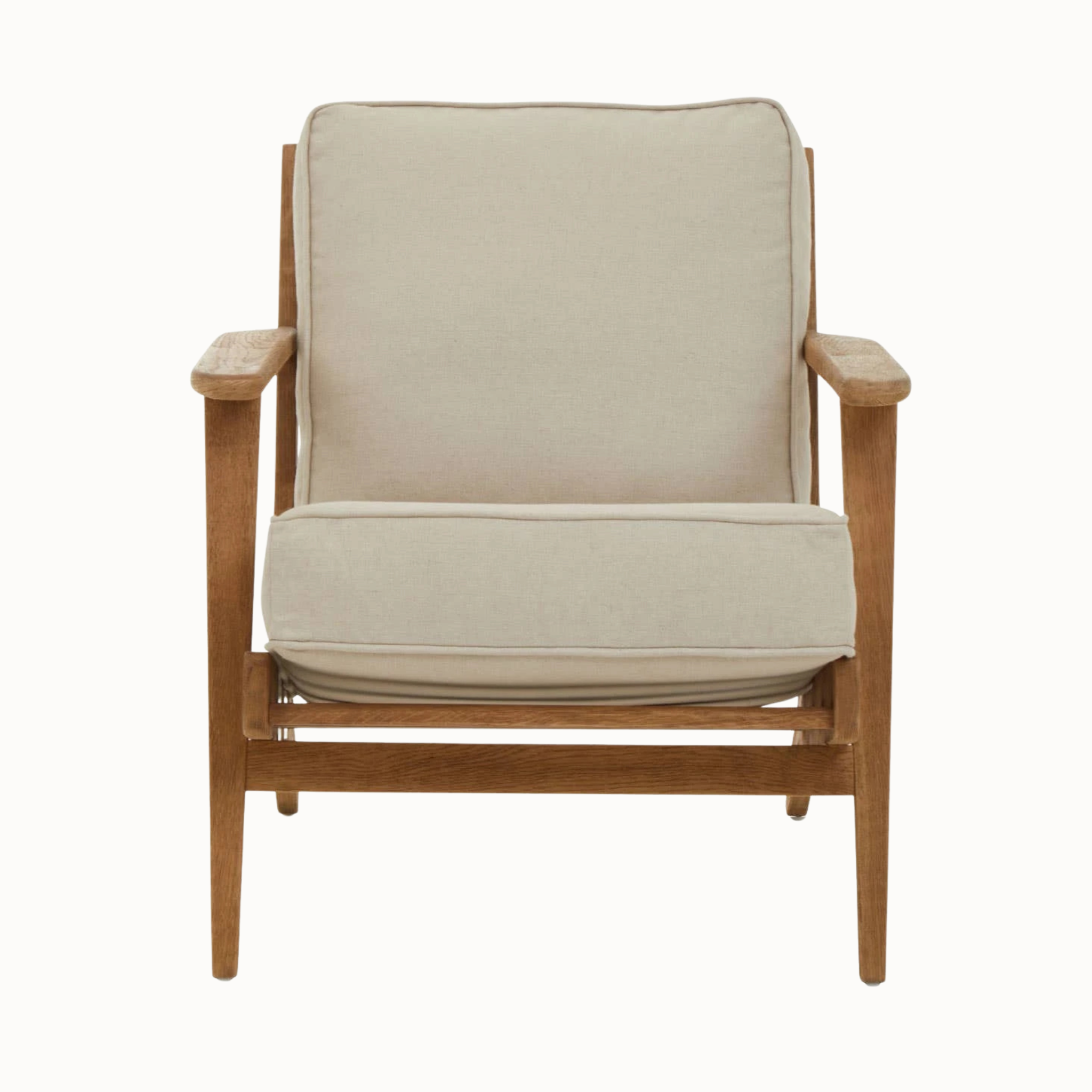 Front view of Rémi natural linen and dark American oak wood armchair on a plain white background.