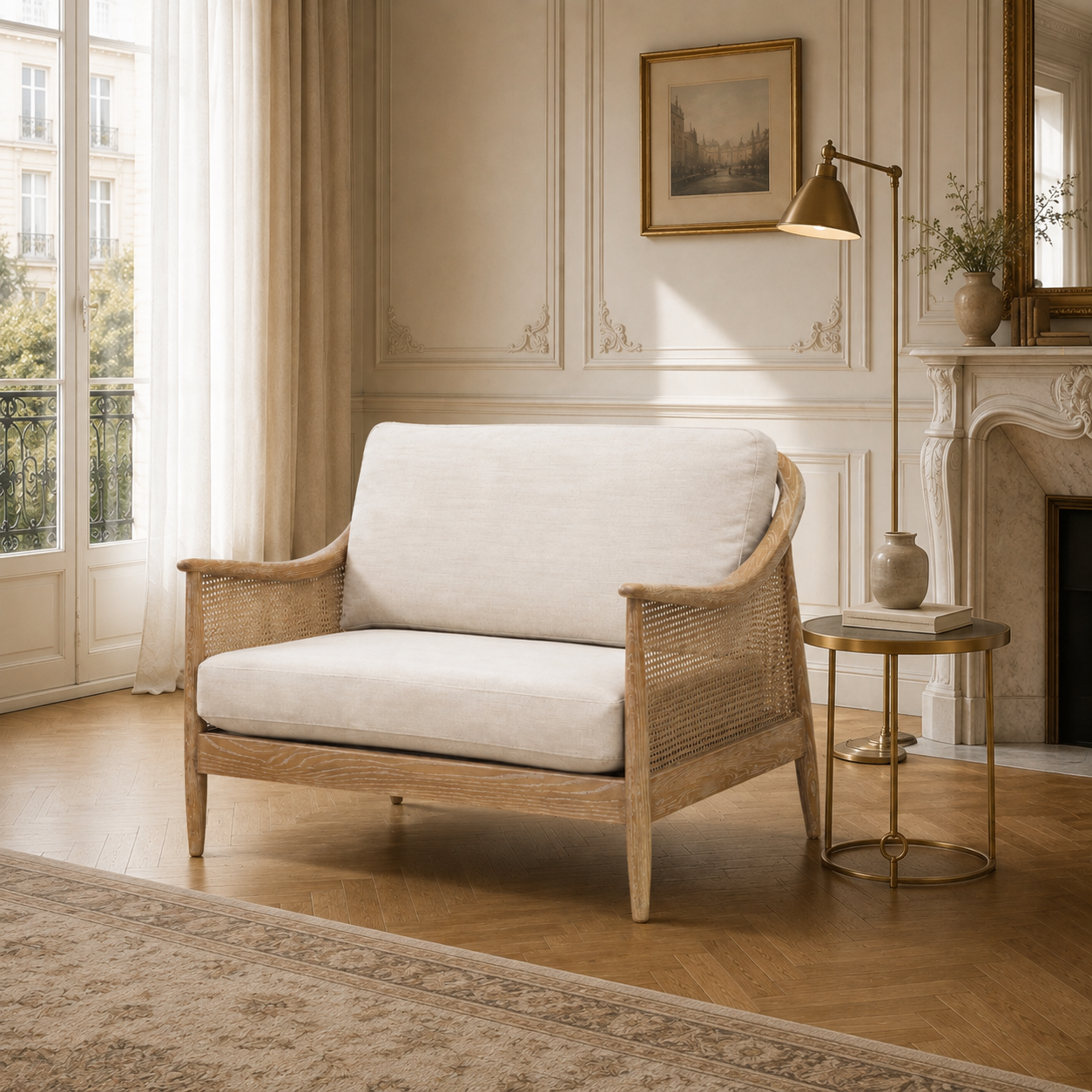 Remi rattan 2-seater linen chair in a Parisian living room with fireplace, brass table and panelled walls.